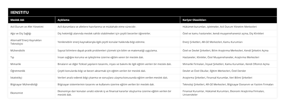 Acil Durum ve Afet Yönetimi, Acil durumlara ve afetlere hazırlanma ve müdahale etme sürecidir, Hükümet kurumları, işletmeler, Acil Durum Yönetim Merkezleri, Ağız ve Diş Sağlığı, Diş hekimliği alanında meslek sahibi olabilmeleri için çeşitli beceriler öğrenirler, Özel ve kamu hastaneler, kendi muayenehanenizi açma, Diş Klinikleri, Alternatif Enerji Kaynakları Teknolojisi, Yenilenebilir enerji kaynaklarıyla ilgili çeşitli konular hakkında bilgi edinme, Enerji Şirketleri, AR-GE Merkezleri, Kamu Kurumları, Mühendislik, Sayısal bilimlere dayalı pratik problemleri çözmek için bilim ve matematiği uygulama, Özel ve Devlet Şirketleri, Bilim Araştırma Merkezleri, Kendi Şirketini Açma, Tıp, İnsan sağlığını koruma ve iyileştirme üzerine eğitim veren bir meslek dalı, Hastaneler, Klinikler, Özel Muayenehaneler, Araştırma Merkezleri, Mimarlık, Binaların ve diğer fiziksel yapıların tasarımı, inşası ve bakımı ile ilgili eğitim verilen bir meslek dalı, Mimarlık Firmaları, İnşaat Şirketleri, Kamu Kurumları, Kendi Ofisinizi Açma, Öğretmenlik, Çeşitli konularda bilgi ve beceri aktarmak için eğitim verilen bir meslek dalı, Devlet ve Özel Okullar, Eğitim Merkezleri, Özel Dersler, İstatistikçi, Verileri analiz ederek bilgi çıkarma ve sonuçlara ulaşma konusunda eğitim verilen meslek dalı, Araştırma Şirketleri, Finansal Kurumlar, Veri Bilimi Şirketleri, Bilgisayar Mühendisliği, Bilgisayar sistemlerinin tasarımı ve kullanımı üzerine eğitim verilen bir meslek dalı, Teknoloji Şirketleri, AR-GE Merkezleri, Bilgisayar Donanım ve Yazılım Firmaları, Ekonomist, Ekonomiye dair konuları analiz ederek iş ve finansal kararlar oluşturma üzerine eğitim verilen bir meslek dalı, Finansal Kurumlar, Hükümet Kurumları, Ekonomi Araştırma Firmaları, Universiteler