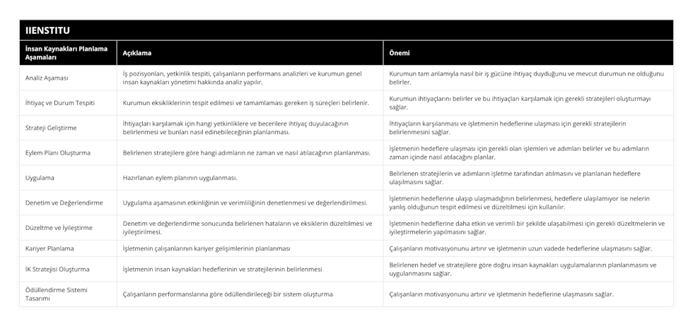 Analiz Aşaması, İş pozisyonları, yetkinlik tespiti, çalışanların performans analizleri ve kurumun genel insan kaynakları yönetimi hakkında analiz yapılır, Kurumun tam anlamıyla nasıl bir iş gücüne ihtiyaç duyduğunu ve mevcut durumun ne olduğunu belirler , İhtiyaç ve Durum Tespiti, Kurumun eksikliklerinin tespit edilmesi ve tamamlaması gereken iş süreçleri belirlenir, Kurumun ihtiyaçlarını belirler ve bu ihtiyaçları karşılamak için gerekli stratejileri oluşturmayı sağlar, Strateji Geliştirme, İhtiyaçları karşılamak için hangi yetkinliklere ve becerilere ihtiyaç duyulacağının belirlenmesi ve bunları nasıl edinebileceğinin planlanması,  İhtiyaçların karşılanması ve işletmenin hedeflerine ulaşması için gerekli stratejilerin belirlenmesini sağlar, Eylem Planı Oluşturma, Belirlenen stratejilere göre hangi adımların ne zaman ve nasıl atılacağının planlanması, İşletmenin hedeflere ulaşması için gerekli olan işlemleri ve adımları belirler ve bu adımların zaman içinde nasıl atılacağını planlar, Uygulama, Hazırlanan eylem planının uygulanması, Belirlenen stratejilerin ve adımların işletme tarafından atılmasını ve planlanan hedeflere ulaşılmasını sağlar, Denetim ve Değerlendirme, Uygulama aşamasının etkinliğinin ve verimliliğinin denetlenmesi ve değerlendirilmesi, İşletmenin hedeflerine ulaşıp ulaşmadığının belirlenmesi, hedeflere ulaşılamıyor ise nelerin yanlış olduğunun tespit edilmesi ve düzeltilmesi için kullanılır, Düzeltme ve İyileştirme, Denetim ve değerlendirme sonucunda belirlenen hataların ve eksiklerin düzeltilmesi ve iyileştirilmesi, İşletmenin hedeflerine daha etkin ve verimli bir şekilde ulaşabilmesi için gerekli düzeltmelerin ve iyileştirmelerin yapılmasını sağlar, Kariyer Planlama, İşletmenin çalışanlarının kariyer gelişimlerinin planlanması, Çalışanların motivasyonunu artırır ve işletmenin uzun vadede hedeflerine ulaşmasını sağlar, İK Stratejisi Oluşturma, İşletmenin insan kaynakları hedeflerinin ve stratejilerinin belirlenmesi, Belirlenen hedef ve stratejilere göre doğru insan kaynakları uygulamalarının planlanmasını ve uygulanmasını sağlar, Ödüllendirme Sistemi Tasarımı, Çalışanların performanslarına göre ödüllendirileceği bir sistem oluşturma, Çalışanların motivasyonunu artırır ve işletmenin hedeflerine ulaşmasını sağlar