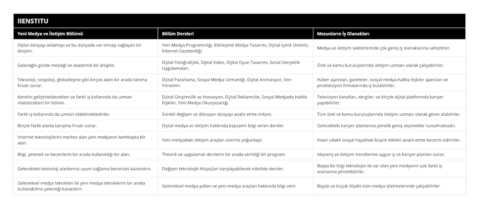 Dijital dünyayı anlamayı ve bu dünyada var olmayı sağlayan bir disiplin, Yeni Medya Programcılığı, Etkileşimli Medya Tasarımı, Dijital İçerik Üretimi, İnternet Gazeteciliği, Medya ve iletişim sektörlerinde çok geniş iş olanaklarına sahiptirler, Geleceğin gözde mesleği ve akademik bir disiplin, Dijital Fotoğrafçılık, Dijital Video, Dijital Oyun Tasarımı, Sanal Gerçeklik Uygulamaları, Özel ve kamu kuruluşlarında iletişim uzmanı olarak çalışabilirler, Teknoloji, sosyoloji, globalleşme gibi birçok alanı bir arada tanıma fırsatı sunar, Dijital Pazarlama, Sosyal Medya Uzmanlığı, Dijital Animasyon, Veri Yönetimi, Haber ajansları, gazeteler, sosyal medya-halkla ilişkiler ajansları ve prodüksiyon firmalarında iş bulabilirler, Kendini geliştirebilecekleri ve farklı iş kollarında da uzman olabilecekleri bir bölüm, Dijital Girişimcilik ve İnovasyon, Dijital Reklamcılık, Sosyal Medyada Halkla İlişkiler, Yeni Medya Okuryazarlığı, Televizyon kanalları, dergiler, ve birçok dijital platformda kariyer yapabilirler, Farklı iş kollarında da uzman olabilmektedirler, Sürekli değişen ve dönüşen dünyayı analiz etme imkanı, Tüm özel ve kamu kuruluşlarında iletişim uzmanı olarak görev alabilirler, Birçok farklı alanla tanışma fırsatı sunar, Dijital medya ve iletişim hakkında kapsamlı bilgi veren dersler, Gelecekteki kariyer planlarına yönelik geniş seçenekler sunulmaktadır, İnternet teknolojilerini merkez alan yeni medyanın bambaşka bir alan, Yeni medyadaki iletişim araçları üzerine yoğunlaşır, İnsan odaklı sosyal hayattaki büyük etkileri analiz etme becerisi edinirler, Bilgi, yetenek ve becerilerin bir arada kullanıldığı bir alan, Theorik ve uygulamalı derslerin bir arada verildiği bir program, Alışveriş ve iletişim trendlerine uygun iş ve kariyer planları sunar, Gelecekteki teknoloji alanlarına uyum sağlama becerisini kazandırır, Değişen teknolojik ihtiyaçları karşılayabilecek nitelikte dersler, Başka bir bilgi teknolojisi ile var olan yeni medyanın çok farklı iş alanlarına yönelebilirler, Geleneksel medya teknikleri ile yeni medya tekniklerini bir arada kullanabilme yeteneği kazandırır, Geleneksel medya yolları ve yeni medya araçları hakkında bilgi verir, Büyük ve küçük ölçekli tüm medya işletmelerinde çalışabilirler