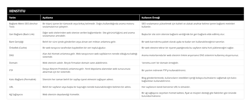 Bağlantı Metni SEO (Anchor Text), Bir köprü içeren bir tümcecik veya birkaç kelimedir Doğru kullanıldığında arama motoru sıralamalarınızı iyileştirir, SEO sıralamanızı yükseltmek için kaliteli ve alakalı anahtar kelime içeren bağlantı metinleri kullanılır, Geri Bağlantı (Back Link), Diğer web sitelerinden web sitenize verilen bağlantılardır Site görünürlüğünü and arama sıralamanızı artırabilir, Başka bir site sizin sitenize bağlantı verdiğinde bir geri bağlantı elde edilmiş olur, Bant Genişliği, Belirli bir süre içinde gönderilen veya alınan veri miktarı anlamına gelir, Bir web barındırma paketi olarak ayda ne kadar veri kullanabileceğinizi tanımlar, Önbellek (Cache), Bir web tarayıcısı tarafından kaydedilen bir veri topluluğudur, Bir web sitesine tekrar bir ziyaret yaptığınızda bu sayfanın daha hızlı yükleneceğini sağlar, DNS, Alan Adı Hizmeti anlamına gelir Web tarayıcınızın web sayfalarının nerede olduğuna baktığı sistemdir, Arama motorlarında bir web sitesinin linkini arıyorsanız DNS sistemini kullanmış oluyorsunuz, Domain, Web sitenizin adıdır Birçok firmadan domain satın alabilirsiniz, 'iienstitucom' bir domain örneğidir, FTP, Dosya Aktarım Protokolü anlamına gelir Yerel depolama alanından web sunucunuza aktarmak için bir sistemdir, Bir yazılım indirerek FTP'yi kullanabilirsiniz, Kalıcı Bağlantı (Permalink), Sitenizin her zaman belirli bir sayfayı işaret etmesini sağlayan adresi, Blog gönderilerinizde, kullanıcıların istedikleri içeriği kolayca bulmalarını sağlamak için kalıcı bağlantıları kullanabilirsiniz, URL, Belirli bir sayfanın veya başka bir kaynağın nerede bulunabileceğini belirten bir adres, Her sayfanızın kendi benzersiz URL'si olmalıdır, Ağ Sağlayıcısı, Web sitenizin depolandığı hizmettir, Bir ağ sağlayıcısı seçerken hizmet kalitesi, fiyat ve müşteri desteği gibi faktörleri göz önünde bulundurmalısınız