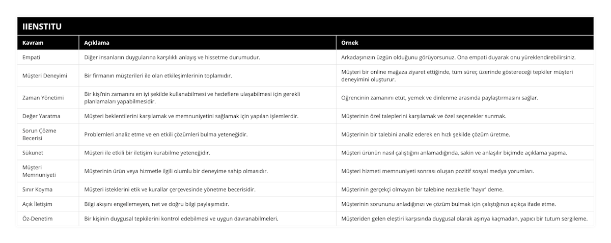 Empati, Diğer insanların duygularına karşılıklı anlayış ve hissetme durumudur, Arkadaşınızın üzgün olduğunu görüyorsunuz Ona empati duyarak onu yüreklendirebilirsiniz, Müşteri Deneyimi, Bir firmanın müşterileri ile olan etkileşimlerinin toplamıdır, Müşteri bir online mağaza ziyaret ettiğinde, tüm süreç üzerinde göstereceği tepkiler müşteri deneyimini oluşturur, Zaman Yönetimi, Bir kişi’nin zamanını en iyi şekilde kullanabilmesi ve hedeflere ulaşabilmesi için gerekli planlamaları yapabilmesidir, Öğrencinin zamanını etüt, yemek ve dinlenme arasında paylaştırmasını sağlar, Değer Yaratma, Müşteri beklentilerini karşılamak ve memnuniyetini sağlamak için yapılan işlemlerdir, Müşterinin özel taleplerini karşılamak ve özel seçenekler sunmak, Sorun Çözme Becerisi, Problemleri analiz etme ve en etkili çözümleri bulma yeteneğidir, Müşterinin bir talebini analiz ederek en hızlı şekilde çözüm üretme, Sükunet, Müşteri ile etkili bir iletişim kurabilme yeteneğidir, Müşteri ürünün nasıl çalıştığını anlamadığında, sakin ve anlaşılır biçimde açıklama yapma, Müşteri Memnuniyeti, Müşterinin ürün veya hizmetle ilgili olumlu bir deneyime sahip olmasıdır, Müşteri hizmeti memnuniyeti sonrası oluşan pozitif sosyal medya yorumları, Sınır Koyma, Müşteri isteklerini etik ve kurallar çerçevesinde yönetme becerisidir, Müşterinin gerçekçi olmayan bir talebine nezaketle 'hayır' deme, Açık İletişim, Bilgi akışını engellemeyen, net ve doğru bilgi paylaşımıdır, Müşterinin sorununu anladığınızı ve çözüm bulmak için çalıştığınızı açıkça ifade etme, Öz-Denetim, Bir kişinin duygusal tepkilerini kontrol edebilmesi ve uygun davranabilmeleri, Müşteriden gelen eleştiri karşısında duygusal olarak aşırıya kaçmadan, yapıcı bir tutum sergileme