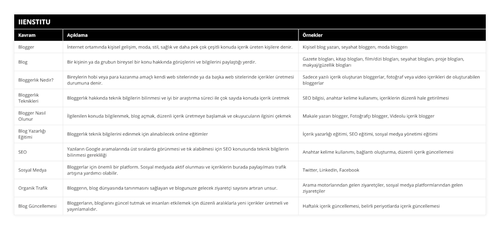 Blogger, İnternet ortamında kişisel gelişim, moda, stil, sağlık ve daha pek çok çeşitli konuda içerik üreten kişilere denir, Kişisel blog yazarı, seyahat bloggerı, moda bloggerı, Blog, Bir kişinin ya da grubun bireysel bir konu hakkında görüşlerini ve bilgilerini paylaştığı yerdir, Gazete blogları, kitap blogları, film/dizi blogları, seyahat blogları, proje blogları, makyaj/güzellik blogları, Bloggerlık Nedir?, Bireylerin hobi veya para kazanma amaçlı kendi web sitelerinde ya da başka web sitelerinde içerikler üretmesi durumuna denir, Sadece yazılı içerik oluşturan bloggerlar, fotoğraf veya video içerikleri de oluşturabilen bloggerlar, Bloggerlık Teknikleri, Bloggerlık hakkında teknik bilgilerin bilinmesi ve iyi bir araştırma süreci ile çok sayıda konuda içerik üretmek, SEO bilgisi, anahtar kelime kullanımı, içeriklerin düzenli hale getirilmesi, Blogger Nasıl Olunur, İlgilenilen konuda bilgilenmek, blog açmak, düzenli içerik üretmeye başlamak ve okuyucuların ilgisini çekmek, Makale yazarı blogger, Fotoğrafçı blogger, Videolu içerik blogger, Blog Yazarlığı Eğitimi, Bloggerlık teknik bilgilerini edinmek için alınabilecek online eğitimler, İçerik yazarlığı eğitimi, SEO eğitimi, sosyal medya yönetimi eğitimi, SEO, Yazıların Google aramalarında üst sıralarda görünmesi ve tık alabilmesi için SEO konusunda teknik bilgilerin bilinmesi gerekliliği, Anahtar kelime kullanımı, bağlantı oluşturma, düzenli içerik güncellemesi, Sosyal Medya, Bloggerlar için önemli bir platform Sosyal medyada aktif olunması ve içeriklerin burada paylaşılması trafik artışına yardımcı olabilir, Twitter, LinkedIn, Facebook, Organik Trafik, Bloggerın, blog dünyasında tanınmasını sağlayan ve blogunuze gelecek ziyaretçi sayısını artıran unsur, Arama motorlarından gelen ziyaretçiler, sosyal medya platformlarından gelen ziyaretçiler, Blog Güncellemesi, Bloggerların, bloglarını güncel tutmak ve insanları etkilemek için düzenli aralıklarla yeni içerikler üretmeli ve yayınlamalıdır, Haftalık içerik güncellemesi, belirli periyotlarda içerik güncellemesi