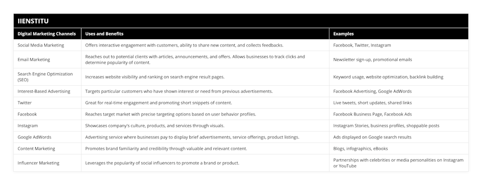 Social Media Marketing, Offers interactive engagement with customers, ability to share new content, and collects feedbacks, Facebook, Twitter, Instagram, Email Marketing, Reaches out to potential clients with articles, announcements, and offers Allows businesses to track clicks and determine popularity of content, Newsletter sign-up, promotional emails, Search Engine Optimization (SEO), Increases website visibility and ranking on search engine result pages, Keyword usage, website optimization, backlink building, Interest-Based Advertising, Targets particular customers who have shown interest or need from previous advertisements, Facebook Advertising, Google AdWords, Twitter, Great for real-time engagement and promoting short snippets of content, Live tweets, short updates, shared links, Facebook, Reaches target market with precise targeting options based on user behavior profiles, Facebook Business Page, Facebook Ads, Instagram, Showcases company's culture, products, and services through visuals, Instagram Stories, business profiles, shoppable posts, Google AdWords, Advertising service where businesses pay to display brief advertisements, service offerings, product listings, Ads displayed on Google search results, Content Marketing, Promotes brand familiarity and credibility through valuable and relevant content, Blogs, infographics, eBooks, Influencer Marketing, Leverages the popularity of social influencers to promote a brand or product, Partnerships with celebrities or media personalities on Instagram or YouTube