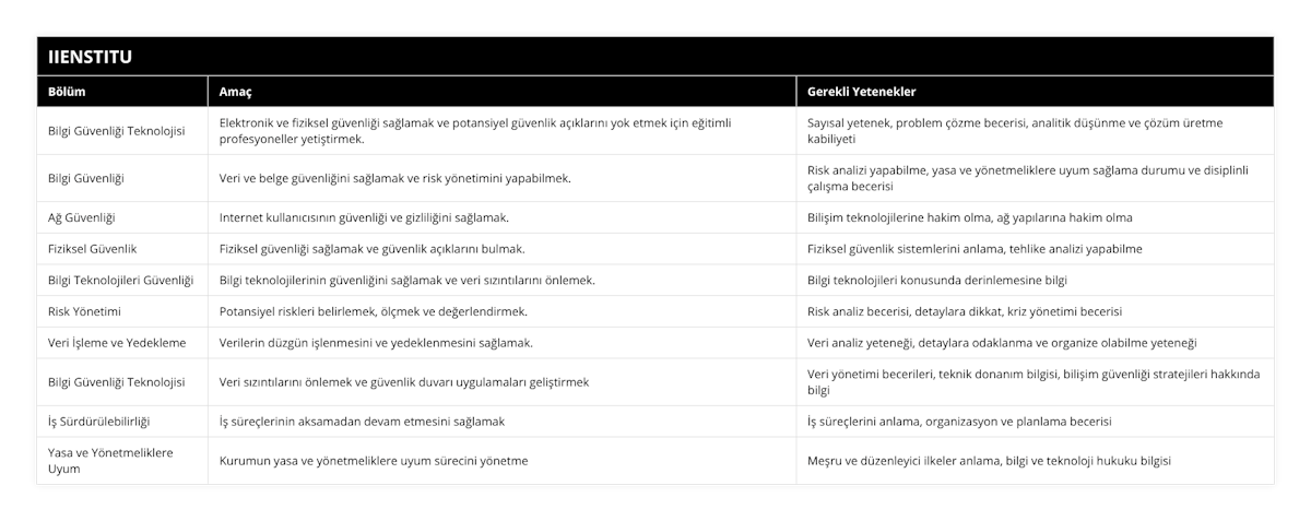 Bilgi Güvenliği Teknolojisi, Elektronik ve fiziksel güvenliği sağlamak ve potansiyel güvenlik açıklarını yok etmek için eğitimli profesyoneller yetiştirmek, Sayısal yetenek, problem çözme becerisi, analitik düşünme ve çözüm üretme kabiliyeti, Bilgi Güvenliği, Veri ve belge güvenliğini sağlamak ve risk yönetimini yapabilmek, Risk analizi yapabilme, yasa ve yönetmeliklere uyum sağlama durumu ve disiplinli çalışma becerisi, Ağ Güvenliği, Internet kullanıcısının güvenliği ve gizliliğini sağlamak, Bilişim teknolojilerine hakim olma, ağ yapılarına hakim olma, Fiziksel Güvenlik, Fiziksel güvenliği sağlamak ve güvenlik açıklarını bulmak, Fiziksel güvenlik sistemlerini anlama, tehlike analizi yapabilme, Bilgi Teknolojileri Güvenliği, Bilgi teknolojilerinin güvenliğini sağlamak ve veri sızıntılarını önlemek, Bilgi teknolojileri konusunda derinlemesine bilgi, Risk Yönetimi, Potansiyel riskleri belirlemek, ölçmek ve değerlendirmek, Risk analiz becerisi, detaylara dikkat, kriz yönetimi becerisi, Veri İşleme ve Yedekleme, Verilerin düzgün işlenmesini ve yedeklenmesini sağlamak, Veri analiz yeteneği, detaylara odaklanma ve organize olabilme yeteneği, Bilgi Güvenliği Teknolojisi, Veri sızıntılarını önlemek ve güvenlik duvarı uygulamaları geliştirmek, Veri yönetimi becerileri, teknik donanım bilgisi, bilişim güvenliği stratejileri hakkında bilgi, İş Sürdürülebilirliği, İş süreçlerinin aksamadan devam etmesini sağlamak, İş süreçlerini anlama, organizasyon ve planlama becerisi, Yasa ve Yönetmeliklere Uyum, Kurumun yasa ve yönetmeliklere uyum sürecini yönetme, Meşru ve düzenleyici ilkeler anlama, bilgi ve teknoloji hukuku bilgisi