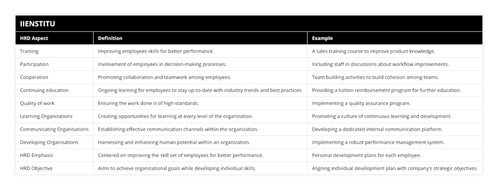 Training, Improving employees skills for better performance, A sales training course to improve product knowledge, Participation, Involvement of employees in decision-making processes, Including staff in discussions about workflow improvements, Cooperation, Promoting collaboration and teamwork among employees, Team building activities to build cohesion among teams, Continuing education, Ongoing learning for employees to stay up-to-date with industry trends and best practices, Providing a tuition reimbursement program for further education, Quality of work, Ensuring the work done is of high standards, Implementing a quality assurance program, Learning Organizations, Creating opportunities for learning at every level of the organization, Promoting a culture of continuous learning and development, Communicating Organisations, Establishing effective communication channels within the organization, Developing a dedicated internal communication platform, Developing Organisations, Harnessing and enhancing human potential within an organization, Implementing a robust performance management system, HRD Emphasis, Centered on improving the skill set of employees for better performance, Personal development plans for each employee, HRD Objective, Aims to achieve organizational goals while developing individual skills, Aligning individual development plan with company's strategic objectives