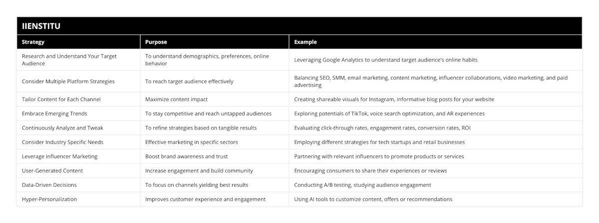 Research and Understand Your Target Audience, To understand demographics, preferences, online behavior, Leveraging Google Analytics to understand target audience's online habits, Consider Multiple Platform Strategies, To reach target audience effectively, Balancing SEO, SMM, email marketing, content marketing, influencer collaborations, video marketing, and paid advertising, Tailor Content for Each Channel, Maximize content impact, Creating shareable visuals for Instagram, informative blog posts for your website, Embrace Emerging Trends, To stay competitive and reach untapped audiences, Exploring potentials of TikTok, voice search optimization, and AR experiences, Continuously Analyze and Tweak, To refine strategies based on tangible results, Evaluating click-through rates, engagement rates, conversion rates, ROI, Consider Industry Specific Needs, Effective marketing in specific sectors, Employing different strategies for tech startups and retail businesses, Leverage Influencer Marketing, Boost brand awareness and trust, Partnering with relevant influencers to promote products or services, User-Generated Content, Increase engagement and build community, Encouraging consumers to share their experiences or reviews, Data-Driven Decisions, To focus on channels yielding best results, Conducting A/B testing, studying audience engagement, Hyper-Personalization, Improves customer experience and engagement, Using AI tools to customize content, offers or recommendations