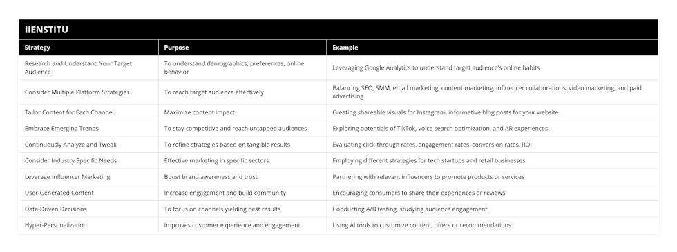 Research and Understand Your Target Audience, To understand demographics, preferences, online behavior, Leveraging Google Analytics to understand target audience's online habits, Consider Multiple Platform Strategies, To reach target audience effectively, Balancing SEO, SMM, email marketing, content marketing, influencer collaborations, video marketing, and paid advertising, Tailor Content for Each Channel, Maximize content impact, Creating shareable visuals for Instagram, informative blog posts for your website, Embrace Emerging Trends, To stay competitive and reach untapped audiences, Exploring potentials of TikTok, voice search optimization, and AR experiences, Continuously Analyze and Tweak, To refine strategies based on tangible results, Evaluating click-through rates, engagement rates, conversion rates, ROI, Consider Industry Specific Needs, Effective marketing in specific sectors, Employing different strategies for tech startups and retail businesses, Leverage Influencer Marketing, Boost brand awareness and trust, Partnering with relevant influencers to promote products or services, User-Generated Content, Increase engagement and build community, Encouraging consumers to share their experiences or reviews, Data-Driven Decisions, To focus on channels yielding best results, Conducting A/B testing, studying audience engagement, Hyper-Personalization, Improves customer experience and engagement, Using AI tools to customize content, offers or recommendations