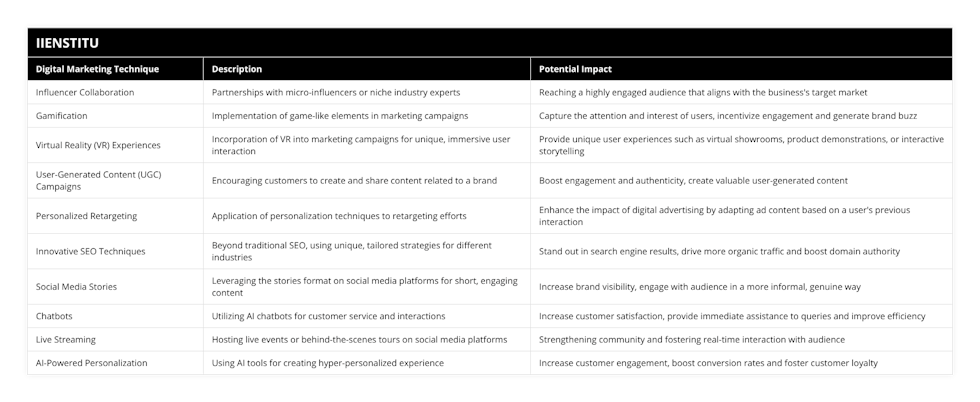 Influencer Collaboration, Partnerships with micro-influencers or niche industry experts, Reaching a highly engaged audience that aligns with the business's target market, Gamification, Implementation of game-like elements in marketing campaigns, Capture the attention and interest of users, incentivize engagement and generate brand buzz, Virtual Reality (VR) Experiences, Incorporation of VR into marketing campaigns for unique, immersive user interaction, Provide unique user experiences such as virtual showrooms, product demonstrations, or interactive storytelling, User-Generated Content (UGC) Campaigns, Encouraging customers to create and share content related to a brand, Boost engagement and authenticity, create valuable user-generated content, Personalized Retargeting, Application of personalization techniques to retargeting efforts, Enhance the impact of digital advertising by adapting ad content based on a user's previous interaction, Innovative SEO Techniques, Beyond traditional SEO, using unique, tailored strategies for different industries, Stand out in search engine results, drive more organic traffic and boost domain authority, Social Media Stories, Leveraging the stories format on social media platforms for short, engaging content, Increase brand visibility, engage with audience in a more informal, genuine way, Chatbots, Utilizing AI chatbots for customer service and interactions, Increase customer satisfaction, provide immediate assistance to queries and improve efficiency, Live Streaming, Hosting live events or behind-the-scenes tours on social media platforms, Strengthening community and fostering real-time interaction with audience, AI-Powered Personalization, Using AI tools for creating hyper-personalized experience, Increase customer engagement, boost conversion rates and foster customer loyalty