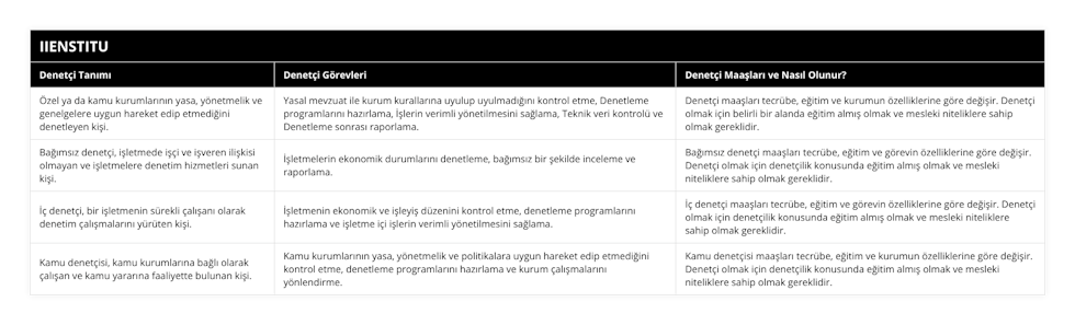 Özel ya da kamu kurumlarının yasa, yönetmelik ve genelgelere uygun hareket edip etmediğini denetleyen kişi, Yasal mevzuat ile kurum kurallarına uyulup uyulmadığını kontrol etme, Denetleme programlarını hazırlama, İşlerin verimli yönetilmesini sağlama, Teknik veri kontrolü ve Denetleme sonrası raporlama, Denetçi maaşları tecrübe, eğitim ve kurumun özelliklerine göre değişir Denetçi olmak için belirli bir alanda eğitim almış olmak ve mesleki niteliklere sahip olmak gereklidir, Bağımsız denetçi, işletmede işçi ve işveren ilişkisi olmayan ve işletmelere denetim hizmetleri sunan kişi, İşletmelerin ekonomik durumlarını denetleme, bağımsız bir şekilde inceleme ve raporlama, Bağımsız denetçi maaşları tecrübe, eğitim ve görevin özelliklerine göre değişir Denetçi olmak için denetçilik konusunda eğitim almış olmak ve mesleki niteliklere sahip olmak gereklidir, İç denetçi, bir işletmenin sürekli çalışanı olarak denetim çalışmalarını yürüten kişi, İşletmenin ekonomik ve işleyiş düzenini kontrol etme, denetleme programlarını hazırlama ve işletme içi işlerin verimli yönetilmesini sağlama, İç denetçi maaşları tecrübe, eğitim ve görevin özelliklerine göre değişir Denetçi olmak için denetçilik konusunda eğitim almış olmak ve mesleki niteliklere sahip olmak gereklidir, Kamu denetçisi, kamu kurumlarına bağlı olarak çalışan ve kamu yararına faaliyette bulunan kişi, Kamu kurumlarının yasa, yönetmelik ve politikalara uygun hareket edip etmediğini kontrol etme, denetleme programlarını hazırlama ve kurum çalışmalarını yönlendirme, Kamu denetçisi maaşları tecrübe, eğitim ve kurumun özelliklerine göre değişir Denetçi olmak için denetçilik konusunda eğitim almış olmak ve mesleki niteliklere sahip olmak gereklidir