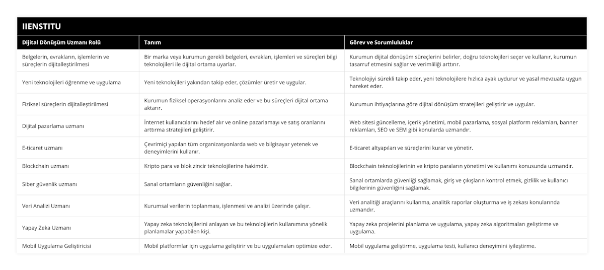 Belgelerin, evrakların, işlemlerin ve süreçlerin dijitalleştirilmesi, Bir marka veya kurumun gerekli belgeleri, evrakları, işlemleri ve süreçleri bilgi teknolojileri ile dijital ortama uyarlar, Kurumun dijital dönüşüm süreçlerini belirler, doğru teknolojileri seçer ve kullanır, kurumun tasarruf etmesini sağlar ve verimliliği arttırır, Yeni teknolojileri öğrenme ve uygulama, Yeni teknolojileri yakından takip eder, çözümler üretir ve uygular, Teknolojiyi sürekli takip eder, yeni teknolojilere hızlıca ayak uydurur ve yasal mevzuata uygun hareket eder, Fiziksel süreçlerin dijitalleştirilmesi, Kurumun fiziksel operasyonlarını analiz eder ve bu süreçleri dijital ortama aktarır, Kurumun ihtiyaçlarına göre dijital dönüşüm stratejileri geliştirir ve uygular, Dijital pazarlama uzmanı, İnternet kullanıcılarını hedef alır ve online pazarlamayı ve satış oranlarını arttırma stratejileri geliştirir, Web sitesi güncelleme, içerik yönetimi, mobil pazarlama, sosyal platform reklamları, banner reklamları, SEO ve SEM gibi konularda uzmandır, E-ticaret uzmanı, Çevrimiçi yapılan tüm organizasyonlarda web ve bilgisayar yetenek ve deneyimlerini kullanır, E-ticaret altyapıları ve süreçlerini kurar ve yönetir, Blockchain uzmanı, Kripto para ve blok zincir teknolojilerine hakimdir, Blockchain teknolojilerinin ve kripto paraların yönetimi ve kullanımı konusunda uzmandır, Siber güvenlik uzmanı, Sanal ortamların güvenliğini sağlar, Sanal ortamlarda güvenliği sağlamak, giriş ve çıkışların kontrol etmek, gizlilik ve kullanıcı bilgilerinin güvenliğini sağlamak, Veri Analizi Uzmanı, Kurumsal verilerin toplanması, işlenmesi ve analizi üzerinde çalışır, Veri analitiği araçlarını kullanma, analitik raporlar oluşturma ve iş zekası konularında uzmandır, Yapay Zeka Uzmanı, Yapay zeka teknolojilerini anlayan ve bu teknolojilerin kullanımına yönelik planlamalar yapabilen kişi, Yapay zeka projelerini planlama ve uygulama, yapay zeka algoritmaları geliştirme ve uygulama, Mobil Uygulama Geliştiricisi, Mobil platformlar için uygulama geliştirir ve bu uygulamaları optimize eder, Mobil uygulama geliştirme, uygulama testi, kullanıcı deneyimini iyileştirme