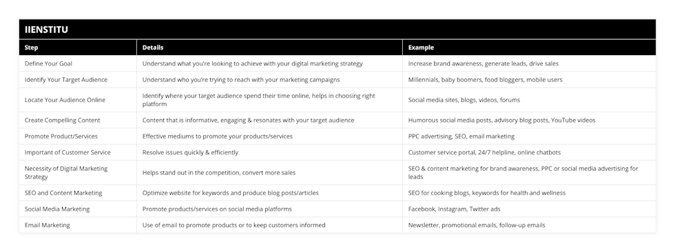 Define Your Goal, Understand what you're looking to achieve with your digital marketing strategy, Increase brand awareness, generate leads, drive sales, Identify Your Target Audience, Understand who you’re trying to reach with your marketing campaigns, Millennials, baby boomers, food bloggers, mobile users, Locate Your Audience Online, Identify where your target audience spend their time online, helps in choosing right platform, Social media sites, blogs, videos, forums, Create Compelling Content, Content that is informative, engaging & resonates with your target audience, Humorous social media posts, advisory blog posts, YouTube videos, Promote Product/Services, Effective mediums to promote your products/services, PPC advertising, SEO, email marketing, Important of Customer Service, Resolve issues quickly & efficiently, Customer service portal, 24/7 helpline, online chatbots, Necessity of Digital Marketing Strategy, Helps stand out in the competition, convert more sales, SEO & content marketing for brand awareness, PPC or social media advertising for leads, SEO and Content Marketing, Optimize website for keywords and produce blog posts/articles, SEO for cooking blogs, keywords for health and wellness, Social Media Marketing, Promote products/services on social media platforms, Facebook, Instagram, Twitter ads, Email Marketing, Use of email to promote products or to keep customers informed, Newsletter, promotional emails, follow-up emails