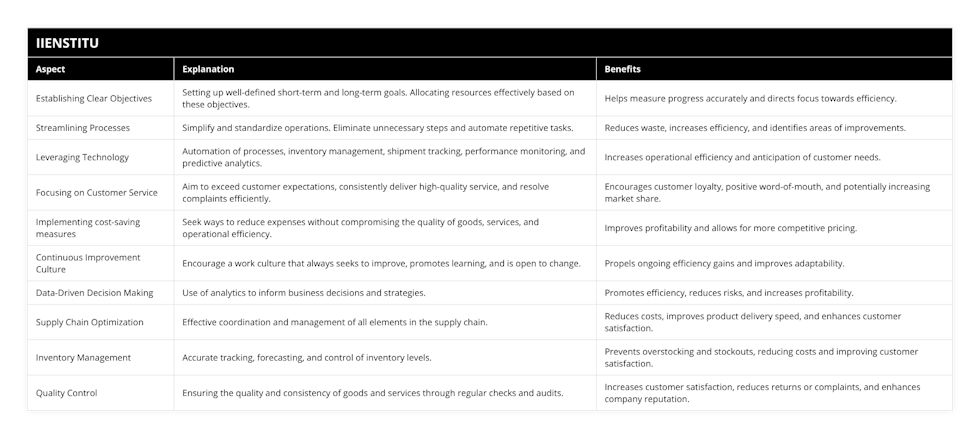 Establishing Clear Objectives, Setting up well-defined short-term and long-term goals Allocating resources effectively based on these objectives, Helps measure progress accurately and directs focus towards efficiency, Streamlining Processes, Simplify and standardize operations Eliminate unnecessary steps and automate repetitive tasks, Reduces waste, increases efficiency, and identifies areas of improvements, Leveraging Technology, Automation of processes, inventory management, shipment tracking, performance monitoring, and predictive analytics, Increases operational efficiency and anticipation of customer needs, Focusing on Customer Service, Aim to exceed customer expectations, consistently deliver high-quality service, and resolve complaints efficiently, Encourages customer loyalty, positive word-of-mouth, and potentially increasing market share, Implementing cost-saving measures, Seek ways to reduce expenses without compromising the quality of goods, services, and operational efficiency, Improves profitability and allows for more competitive pricing, Continuous Improvement Culture, Encourage a work culture that always seeks to improve, promotes learning, and is open to change, Propels ongoing efficiency gains and improves adaptability, Data-Driven Decision Making, Use of analytics to inform business decisions and strategies, Promotes efficiency, reduces risks, and increases profitability, Supply Chain Optimization, Effective coordination and management of all elements in the supply chain, Reduces costs, improves product delivery speed, and enhances customer satisfaction, Inventory Management, Accurate tracking, forecasting, and control of inventory levels, Prevents overstocking and stockouts, reducing costs and improving customer satisfaction, Quality Control, Ensuring the quality and consistency of goods and services through regular checks and audits, Increases customer satisfaction, reduces returns or complaints, and enhances company reputation