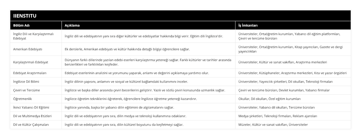 İngiliz Dili ve Karşılaştırmalı Edebiyat, İngiliz dili ve edebiyatının yanı sıra diğer kültürler ve edebiyatlar hakkında bilgi verir Eğitim dili İngilizce'dir, Üniversiteler, Ortaöğretim kurumları, Yabancı dil eğitim platformları, Çeviri ve tercüme büroları, Amerikan Edebiyatı, Ek derslerle, Amerikan edebiyatı ve kültür hakkında detağlı bilgiyi öğrencilere sağlar, Üniversiteler, Ortaöğretim kurumları, Kitap yayıncıları, Gazete ve dergi yayıncılıkları, Karşılaştırmalı Edebiyat, Dünyanın farklı dillerinde yazılan edebi eserleri karşılaştırma yeteneği sağlar Farklı kültürler ve tarihler arasında benzerlikleri ve farklılıkları keşfeder, Üniversiteler, Kültür ve sanat vakıfları, Araştırma merkezleri, Edebiyat Araştırmaları, Edebiyat eserlerinin analizini ve yorumunu yaparak, anlamı ve değerini açıklamaya yardımcı olur, Üniversiteler, Kütüphaneler, Araştırma merkezleri, Kıta ve yazar örgütleri, İngilizce Dil Bilimi, İngiliz dilinin yapısını, anlamını ve sosyal ve kültürel bağlamdaki kullanımını inceler, Üniversiteler, Yayıncılık şirketleri, Dil okulları, Teknoloji firmaları, Çeviri ve Tercüme, İngilizce ve başka diller arasında çeviri becerilerini geliştirir Yazılı ve sözlü çeviri konusunda uzmanlık sağlar, Çeviri ve tercüme büroları, Devlet kurumları, Yabancı firmalar, Öğretmenlik, İngilizce öğretim tekniklerini öğreterek, öğrencilere İngilizce öğretme yeteneği kazandırır, Okullar, Dil okulları, Özel eğitim kurumları, İkinci Yabancı Dil Eğitimi, İngilizce yanında, başka bir yabancı dilin eğitimini de algılamalarını sağlar, Üniversiteler, Yabancı dil okulları, Tercüme büroları, Dil ve Multimedya Etütleri, İngiliz dili ve edebiyatının yanı sıra, dilin medya ve teknoloji kullanımına odaklanır, Medya şirketleri, Teknoloji firmaları, Reklam ajansları, Dil ve Kültür Çalışmaları, İngiliz dili ve edebiyatının yanı sıra, dilin kültürel boyutunu da keşfetmeyi sağlar, Müzeler, Kültür ve sanat vakıfları, Üniversiteler