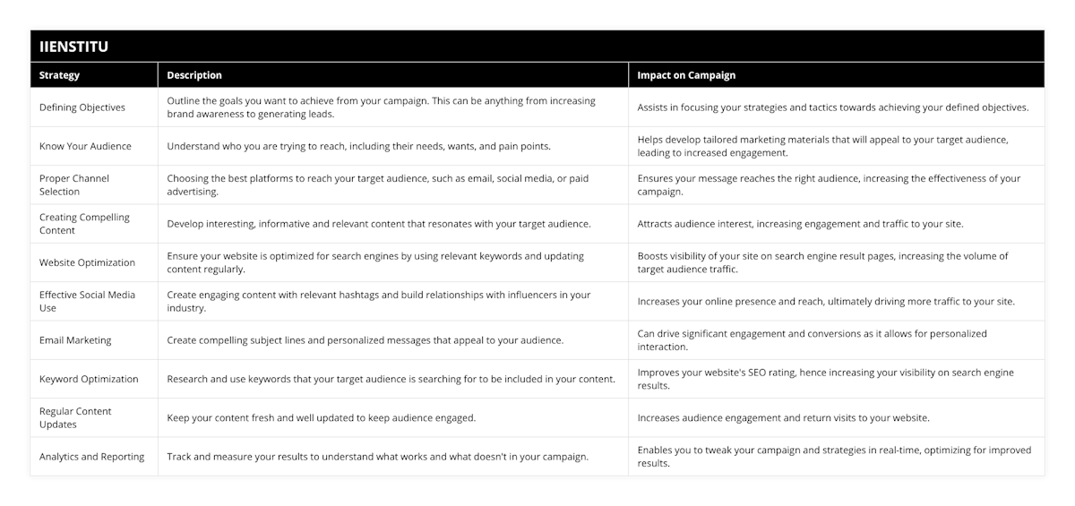 Defining Objectives, Outline the goals you want to achieve from your campaign This can be anything from increasing brand awareness to generating leads, Assists in focusing your strategies and tactics towards achieving your defined objectives, Know Your Audience, Understand who you are trying to reach, including their needs, wants, and pain points, Helps develop tailored marketing materials that will appeal to your target audience, leading to increased engagement, Proper Channel Selection, Choosing the best platforms to reach your target audience, such as email, social media, or paid advertising, Ensures your message reaches the right audience, increasing the effectiveness of your campaign, Creating Compelling Content, Develop interesting, informative and relevant content that resonates with your target audience, Attracts audience interest, increasing engagement and traffic to your site, Website Optimization, Ensure your website is optimized for search engines by using relevant keywords and updating content regularly, Boosts visibility of your site on search engine result pages, increasing the volume of target audience traffic, Effective Social Media Use, Create engaging content with relevant hashtags and build relationships with influencers in your industry, Increases your online presence and reach, ultimately driving more traffic to your site, Email Marketing, Create compelling subject lines and personalized messages that appeal to your audience, Can drive significant engagement and conversions as it allows for personalized interaction, Keyword Optimization, Research and use keywords that your target audience is searching for to be included in your content, Improves your website's SEO rating, hence increasing your visibility on search engine results, Regular Content Updates, Keep your content fresh and well updated to keep audience engaged, Increases audience engagement and return visits to your website, Analytics and Reporting, Track and measure your results to understand what works and what doesn't in your campaign, Enables you to tweak your campaign and strategies in real-time, optimizing for improved results