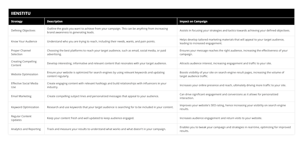 Defining Objectives, Outline the goals you want to achieve from your campaign This can be anything from increasing brand awareness to generating leads, Assists in focusing your strategies and tactics towards achieving your defined objectives, Know Your Audience, Understand who you are trying to reach, including their needs, wants, and pain points, Helps develop tailored marketing materials that will appeal to your target audience, leading to increased engagement, Proper Channel Selection, Choosing the best platforms to reach your target audience, such as email, social media, or paid advertising, Ensures your message reaches the right audience, increasing the effectiveness of your campaign, Creating Compelling Content, Develop interesting, informative and relevant content that resonates with your target audience, Attracts audience interest, increasing engagement and traffic to your site, Website Optimization, Ensure your website is optimized for search engines by using relevant keywords and updating content regularly, Boosts visibility of your site on search engine result pages, increasing the volume of target audience traffic, Effective Social Media Use, Create engaging content with relevant hashtags and build relationships with influencers in your industry, Increases your online presence and reach, ultimately driving more traffic to your site, Email Marketing, Create compelling subject lines and personalized messages that appeal to your audience, Can drive significant engagement and conversions as it allows for personalized interaction, Keyword Optimization, Research and use keywords that your target audience is searching for to be included in your content, Improves your website's SEO rating, hence increasing your visibility on search engine results, Regular Content Updates, Keep your content fresh and well updated to keep audience engaged, Increases audience engagement and return visits to your website, Analytics and Reporting, Track and measure your results to understand what works and what doesn't in your campaign, Enables you to tweak your campaign and strategies in real-time, optimizing for improved results