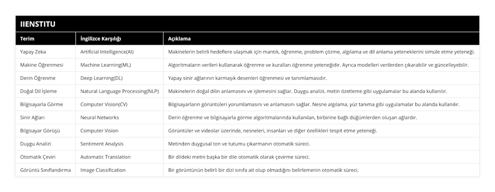 Yapay Zeka, Artificial Intelligence(AI), Makinelerin belirli hedeflere ulaşmak için mantık, öğrenme, problem çözme, algılama ve dil anlama yeteneklerini simüle etme yeteneği, Makine Öğrenmesi, Machine Learning(ML), Algoritmaların verileri kullanarak öğrenme ve kuralları öğrenme yeteneğidir Ayrıca modelleri verilerden çıkarabilir ve güncelleyebilir, Derin Öğrenme, Deep Learning(DL), Yapay sinir ağlarının karmaşık desenleri öğrenmesi ve tanımlamasıdır, Doğal Dil İşleme, Natural Language Processing(NLP), Makinelerin doğal dilin anlamasını ve işlemesini sağlar Duygu analizi, metin özetleme gibi uygulamalar bu alanda kullanılır, Bilgisayarla Görme, Computer Vision(CV), Bilgisayarların görüntüleri yorumlamasını ve anlamasını sağlar Nesne algılama, yüz tanıma gibi uygulamalar bu alanda kullanılır, Sinir Ağları, Neural Networks, Derin öğrenme ve bilgisayarla görme algoritmalarında kullanılan, birbirine bağlı düğümlerden oluşan ağlardır, Bilgisayar Görüşü, Computer Vision, Görüntüler ve videolar üzerinde, nesneleri, insanları ve diğer özellikleri tespit etme yeteneği, Duygu Analizi, Sentiment Analysis, Metinden duygusal ton ve tutumu çıkarmanın otomatik süreci, Otomatik Çeviri, Automatic Translation, Bir dildeki metni başka bir dile otomatik olarak çevirme süreci, Görüntü Sınıflandırma, Image Classification, Bir görüntünün belirli bir dizi sınıfa ait olup olmadığını belirlemenin otomatik süreci