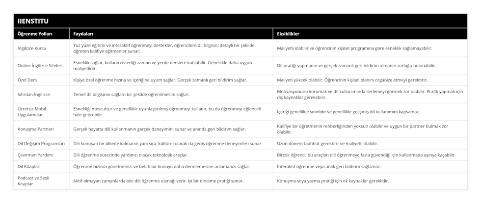 İngilizce Kursu, Yüz yüze eğitimi ve interaktif öğrenmeyi destekler, öğrencilere dil bilgisini detaylı bir şekilde öğreten kalifiye eğitmenler sunar, Maliyetli olabilir ve öğrencinin kişisel programına göre esneklik sağlamayabilir, Online İngilizce Siteleri, Esneklik sağlar, kullanıcı istediği zaman ve yerde derslere katılabilir Genellikle daha uygun maliyetlidir, Dil pratiği yapmanın ve gerçek zamanlı geri bildirim almanın zorluğu bulunabilir, Özel Ders, Kişiye özel öğrenme hızına ve içeriğine uyum sağlar Gerçek zamanlı geri bildirim sağlar, Maliyeti yüksek olabilir Öğrencinin kişisel planını organize etmeyi gerektirir, Sıfırdan İngilizce, Temel dil bilgisinin sağlam bir şekilde öğrenilmesini sağlar, Motivasyonunu korumak ve dil kullanımında ilerlemeyi görmek zor olabilir Pratik yapmak için dış kaynaklar gerekebilir, Ücretsiz Mobil Uygulamalar, Esnekliği mevcuttur ve genellikle oyunlaştırılmış öğrenmeyi kullanır, bu da öğrenmeyi eğlenceli hale getirebilir, İçeriği genellikle sınırlıdır ve genellikle gelişmiş dil kullanımını kapsamaz, Konuşma Partneri, Gerçek hayatta dili kullanmanın gerçek deneyimini sunar ve anında geri bildirim sağlar, Kalifiye bir öğretmenin rehberliğinden yoksun olabilir ve uygun bir partner bulmak zor olabilir, Dil Değişim Programları, Dili konuşan bir ülkede kalmanın yanı sıra, kültürel olarak da geniş öğrenme deneyimleri sunar, Uzun dönem taahhüt gerektirir ve maliyetli olabilir, Çevirmen Yardımı, Dili öğrenme sürecinde yardımcı olacak teknolojik araçlar, Birçok öğrenci, bu araçları dili öğrenmeye fazla güvendiği için kullanmada aşırıya kaçabilir, Dil Kitapları, Öğrenme hızınızı yönetmenizi ve belirli bir konuyu daha derinlemesine anlamanızı sağlar, İnteraktif öğrenme veya anlık geri bildirim sağlamaz, Podcast ve Sesli Kitaplar, Aktif olmayan zamanlarda bile dili öğrenme olanağı verir İyi bir dinleme pratiği sunar, Konuşma veya yazma pratiği için ek kaynaklar gereklidir