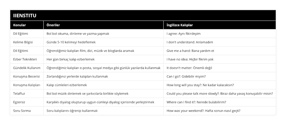 Dil Eğitimi, Bol bol okuma, dinleme ve yazma yapmak, I agree: Aynı fikirdeyim, Kelime Bilgisi, Günde 5-10 kelimeyi hedeflemek, I don't understand: Anlamadım, Dil Eğitimi, Öğrendiğimiz kalıpları film, dizi, müzik ve bloglarda aramak, Give me a hand: Bana yardım et, Ezber Teknikleri, Her gün birkaç kalıp ezberlemek, I have no idea: Hiçbir fikrim yok, Gündelik Kullanım, Öğrendiğimiz kalıpları e-posta, sosyal medya gibi günlük yazılarda kullanmak, It doesn't matter: Önemli değil, Konuşma Becerisi, Zorlandığınız yerlerde kalıpları kullanmak, Can I go?: Gidebilir miyim?, Konuşma Kalıpları, Kalıp cümleleri ezberlemek, How long will you stay?: Ne kadar kalacaksın?, Telaffuz, Bol bol müzik dinlemek ve şarkıcılarla birlikte söylemek, Could you please talk more slowly?: Biraz daha yavaş konuşabilir misin?, Egzersiz, Karşılıklı diyalog oluşturup uygun cümleyi diyalog içerisinde yerleştirmek, Where can I find it?: Nerede bulabilirim?, Soru Sorma, Soru kalıplarını öğrenip kullanmak, How was your weekend?: Hafta sonun nasıl geçti?