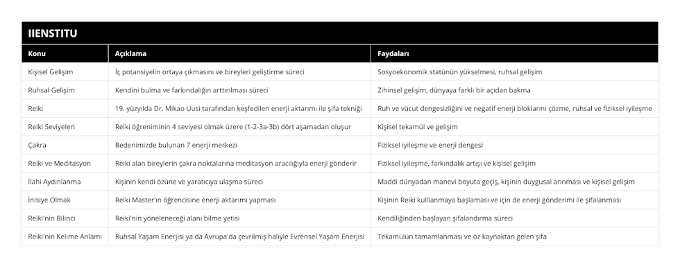 Kişisel Gelişim, İç potansiyelin ortaya çıkmasını ve bireyleri geliştirme süreci, Sosyoekonomik statünün yükselmesi, ruhsal gelişim, Ruhsal Gelişim, Kendini bulma ve farkındalığın arttırılması süreci, Zihinsel gelişim, dünyaya farklı bir açıdan bakma, Reiki, 19 yüzyılda Dr Mikao Uusi tarafından keşfedilen enerji aktarımı ile şifa tekniği, Ruh ve vücut dengesizliğini ve negatif enerji bloklarını çözme, ruhsal ve fiziksel iyileşme, Reiki Seviyeleri, Reiki öğreniminin 4 seviyesi olmak üzere (1-2-3a-3b) dört aşamadan oluşur, Kişisel tekamül ve gelişim, Çakra, Bedenimizde bulunan 7 enerji merkezi, Fiziksel iyileşme ve enerji dengesi, Reiki ve Meditasyon, Reiki alan bireylerin çakra noktalarına meditasyon aracılığıyla enerji gönderir, Fiziksel iyileşme, farkındalık artışı ve kişisel gelişim, İlahi Aydınlanma, Kişinin kendi özüne ve yaratıcıya ulaşma süreci, Maddi dünyadan manevi boyuta geçiş, kişinin duygusal arınması ve kişisel gelişim, İnisiye Olmak, Reiki Master'ın öğrencisine enerji aktarımı yapması, Kişinin Reiki kulllanmaya başlaması ve için de enerji gönderimi ile şifalanması, Reiki'nin Bilinci, Reiki'nin yöneleneceği alanı bilme yetisi, Kendiliğinden başlayan şifalandırma süreci, Reiki'nin Kelime Anlamı, Ruhsal Yaşam Enerjisi ya da Avrupa'da çevrilmiş haliyle Evrensel Yaşam Enerjisi, Tekamülün tamamlanması ve öz kaynaktan gelen şifa