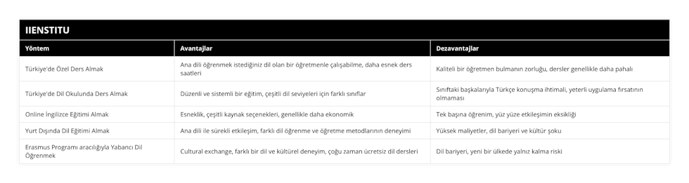 Türkiye'de Özel Ders Almak, Ana dili öğrenmek istediğiniz dil olan bir öğretmenle çalışabilme, daha esnek ders saatleri, Kaliteli bir öğretmen bulmanın zorluğu, dersler genellikle daha pahalı, Türkiye'de Dil Okulunda Ders Almak, Düzenli ve sistemli bir eğitim, çeşitli dil seviyeleri için farklı sınıflar, Sınıftaki başkalarıyla Türkçe konuşma ihtimali, yeterli uygulama fırsatının olmaması, Online İngilizce Eğitimi Almak, Esneklik, çeşitli kaynak seçenekleri, genellikle daha ekonomik, Tek başına öğrenim, yüz yüze etkileşimin eksikliği, Yurt Dışında Dil Eğitimi Almak, Ana dili ile sürekli etkileşim, farklı dil öğrenme ve öğretme metodlarının deneyimi, Yüksek maliyetler, dil bariyeri ve kültür şoku, Erasmus Programı aracılığıyla Yabancı Dil Öğrenmek, Cultural exchange, farklı bir dil ve kültürel deneyim, çoğu zaman ücretsiz dil dersleri, Dil bariyeri, yeni bir ülkede yalnız kalma riski