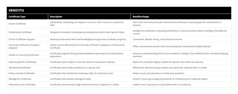 Career Certificate, Obtained by completing one diploma course or half a course in a particular field, Fast tracks into entry-level jobs and ideal for professions requiring specific certifications or licenses, Professional Certificate, Designed to establish individuals as professionals within their specific fields, Suitable for professions requiring proficiency in numerous areas without needing a full diploma course, Online Certificate Program, Develop professional skills and knowledge through online modular programs, Convenient, flexible timing, and enhances resume, University of Phoenix eCampus program, Online course offered by the University of Phoenix leading to a Professional Certificate, Offers convenience and less time consuming than conventional study methods, Hands-on Learning Certificates, Certificate programs that go beyond textbook learning to provide practical experience, Enhances understanding of the course material, making it more effective than standard studying methods, Industry-Specific Certificates, Certificates tailor-made to meet the needs of a particular industry, Makes the candidate highly suitable for specific roles within an industry, Skill-Based Certificates, Certificates that certify proficiency in a specific skill, Effective for demonstrating mastery over particular required skills in a field, Entry-Level Job Certificates, Certificates that validate the necessary skills for entry-level roles, Helps in quick job placement in entry-level positions, Managerial Certificates, Certificates that validate managerial skills, Assists in securing managerial positions or climbing up the corporate ladder, Advanced-Level Certificates, Certificates that showcase high-level proficiency or expertise in a field, Useful in securing senior or specialized roles in an industry