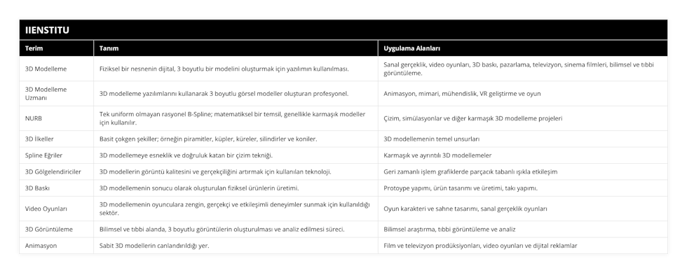 3D Modelleme, Fiziksel bir nesnenin dijital, 3 boyutlu bir modelini oluşturmak için yazılımın kullanılması, Sanal gerçeklik, video oyunları, 3D baskı, pazarlama, televizyon, sinema filmleri, bilimsel ve tıbbi görüntüleme, 3D Modelleme Uzmanı, 3D modelleme yazılımlarını kullanarak 3 boyutlu görsel modeller oluşturan profesyonel, Animasyon, mimari, mühendislik, VR geliştirme ve oyun, NURB, Tek uniform olmayan rasyonel B-Spline; matematiksel bir temsil, genellikle karmaşık modeller için kullanılır, Çizim,  simülasyonlar ve diğer karmaşık 3D modelleme projeleri , 3D İlkeller, Basit çokgen şekiller; örneğin piramitler, küpler, küreler, silindirler ve koniler, 3D modellemenin temel unsurları, Spline Eğriler, 3D modellemeye esneklik ve doğruluk katan bir çizim tekniği, Karmaşık ve ayrıntılı 3D modellemeler, 3D Gölgelendiriciler, 3D modellerin görüntü kalitesini ve gerçekçiliğini artırmak için kullanılan teknoloji, Geri zamanlı işlem grafiklerde parçacık tabanlı ışıkla etkileşim, 3D Baskı, 3D modellemenin sonucu olarak oluşturulan fiziksel ürünlerin üretimi, Protoype yapımı, ürün tasarımı ve üretimi, takı yapımı, Video Oyunları, 3D modellemenin oyunculara zengin, gerçekçi ve etkileşimli deneyimler sunmak için kullanıldığı sektör, Oyun karakteri ve sahne tasarımı, sanal gerçeklik oyunları, 3D Görüntüleme, Bilimsel ve tıbbi alanda, 3 boyutlu görüntülerin oluşturulması ve analiz edilmesi süreci, Bilimsel araştırma, tıbbi görüntüleme ve analiz, Animasyon, Sabit 3D modellerin canlandırıldığı yer, Film ve televizyon prodüksiyonları, video oyunları ve dijital reklamlar