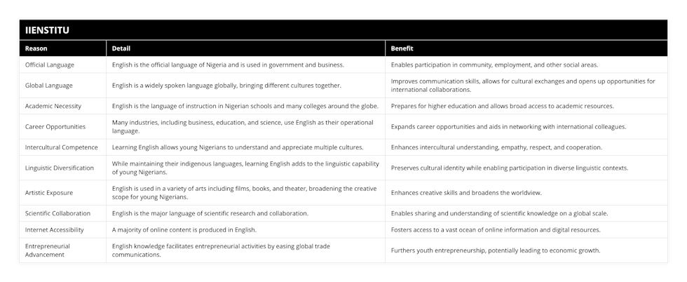 Official Language, English is the official language of Nigeria and is used in government and business, Enables participation in community, employment, and other social areas, Global Language, English is a widely spoken language globally, bringing different cultures together, Improves communication skills, allows for cultural exchanges and opens up opportunities for international collaborations, Academic Necessity, English is the language of instruction in Nigerian schools and many colleges around the globe, Prepares for higher education and allows broad access to academic resources, Career Opportunities, Many industries, including business, education, and science, use English as their operational language, Expands career opportunities and aids in networking with international colleagues, Intercultural Competence, Learning English allows young Nigerians to understand and appreciate multiple cultures, Enhances intercultural understanding, empathy, respect, and cooperation, Linguistic Diversification, While maintaining their indigenous languages, learning English adds to the linguistic capability of young Nigerians, Preserves cultural identity while enabling participation in diverse linguistic contexts, Artistic Exposure, English is used in a variety of arts including films, books, and theater, broadening the creative scope for young Nigerians, Enhances creative skills and broadens the worldview, Scientific Collaboration, English is the major language of scientific research and collaboration, Enables sharing and understanding of scientific knowledge on a global scale, Internet Accessibility, A majority of online content is produced in English, Fosters access to a vast ocean of online information and digital resources, Entrepreneurial Advancement, English knowledge facilitates entrepreneurial activities by easing global trade communications, Furthers youth entrepreneurship, potentially leading to economic growth