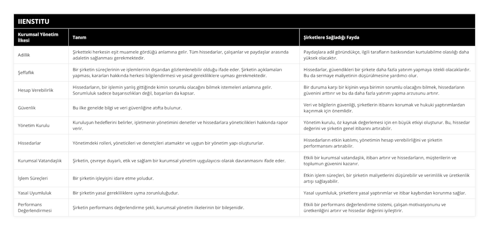 Adillik, Şirketteki herkesin eşit muamele gördüğü anlamına gelir Tüm hissedarlar, çalışanlar ve paydaşlar arasında adaletin sağlanması gerekmektedir, Paydaşlara adil göründükçe, ilgili tarafların baskısından kurtulabilme olasılığı daha yüksek olacaktır, Şeffaflık, Bir şirketin süreçlerinin ve işlemlerinin dışarıdan gözlemlenebilir olduğu ifade eder Şirketin açıklamaları yapması, kararları hakkında herkesi bilgilendirmesi ve yasal gerekliliklere uyması gerekmektedir, Hissedarlar, güvendikleri bir şirkete daha fazla yatırım yapmaya istekli olacaklardır Bu da sermaye maliyetinin düşürülmesine yardımcı olur, Hesap Verebilirlik, Hissedarların, bir işlemin yanlış gittiğinde kimin sorumlu olacağını bilmek istemeleri anlamına gelir Sorumluluk sadece başarısızlıkları değil, başarıları da kapsar, Bir duruma karşı bir kişinin veya birimin sorumlu olacağını bilmek, hissedarların güvenini arttırır ve bu da daha fazla yatırım yapma arzusunu artırır, Güvenlik, Bu ilke genelde bilgi ve veri güvenliğine atıfta bulunur, Veri ve bilgilerin güvenliği, şirketlerin itibarını korumak ve hukuki yaptırımlardan kaçınmak için önemlidir, Yönetim Kurulu, Kuruluşun hedeflerini belirler, işletmenin yönetimini denetler ve hissedarlara yöneticilikleri hakkında rapor verir, Yönetim kurulu, öz kaynak değerlemesi için en büyük etkiyi oluşturur Bu, hissedar değerini ve şirketin genel itibarını artırabilir, Hissedarlar, Yönetimdeki rolleri, yöneticileri ve denetçileri atamaktır ve uygun bir yönetim yapı oluştururlar, Hissedarların etkin katılımı, yönetimin hesap verebilirliğini ve şirketin performansını artırabilir, Kurumsal Vatandaşlık, Şirketin, çevreye duyarlı, etik ve sağlam bir kurumsal yönetim uygulayıcısı olarak davranmasını ifade eder, Etkili bir kurumsal vatandaşlık, itibarı artırır ve hissedarların, müşterilerin ve toplumun güvenini kazanır, İşlem Süreçleri, Bir şirketin işleyişini idare etme yoludur, Etkin işlem süreçleri, bir şirketin maliyetlerini düşürebilir ve verimlilik ve üretkenlik artışı sağlayabilir, Yasal Uyumluluk, Bir şirketin yasal gerekliliklere uyma zorunluluğudur, Yasal uyumluluk, şirketlere yasal yaptırımlar ve itibar kaybından korunma sağlar, Performans Değerlendirmesi, Şirketin performans değerlendirme şekli, kurumsal yönetim ilkelerinin bir bileşenidir, Etkili bir performans değerlendirme sistemi, çalışan motivasyonunu ve üretkenliğini artırır ve hissedar değerini iyileştirir