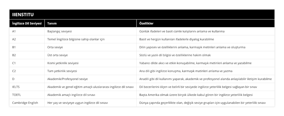 A1, Başlangıç seviyesi, Günlük ifadeleri ve basit cümle kalıplarını anlama ve kullanma, A2, Temel İnigilizce bilgisine sahip olanlar için, Basit ve hergün kullanılan ifadelerle diyalog kurabilme, B1, Orta seviye, Dilin yapısını ve özelliklerini anlama, karmaşık metinleri anlama ve oluşturma, B2, Üst orta seviye, Sözlü ve yazılı dil bilgisi ve özelliklerine hakim olmak, C1, Kısmi yetkinlik seviyesi, Yabancı dilde akıcı ve etkin konuşabilme, karmaşık metinleri anlama ve yazabilme, C2, Tam yetkinlik seviyesi, Ana dili gibi ingilizce konuşma, karmaşık matinleri anlama ve yazma, D, Akademik/Profesyonel seviye, Anadili gibi dil kullanımı yaparak, akademik ve profesyonel alanda anlaşılabilir iletişim kurabilme, IELTS, Akademik ve genel eğitim amaçlı uluslararası ingilizce dil sınavı, Dil becerilerini ölçen ve belirli bir seviyede ingilizce yeterlilik belgesi sağlayan bir sınav, TOEFL, Akademik amaçlı ingilizce dil sınavı, Başta Amerika olmak üzere birçok ülkede kabul gören bir ingilizce yeterlilik belgesi, Cambridge English, Her yaş ve seviyeye uygun ingilizce dil sınavı, Dünya çapında geçerlilikte olan, değişik seviye grupları için uygulanabilen bir yeterlilik sınavı