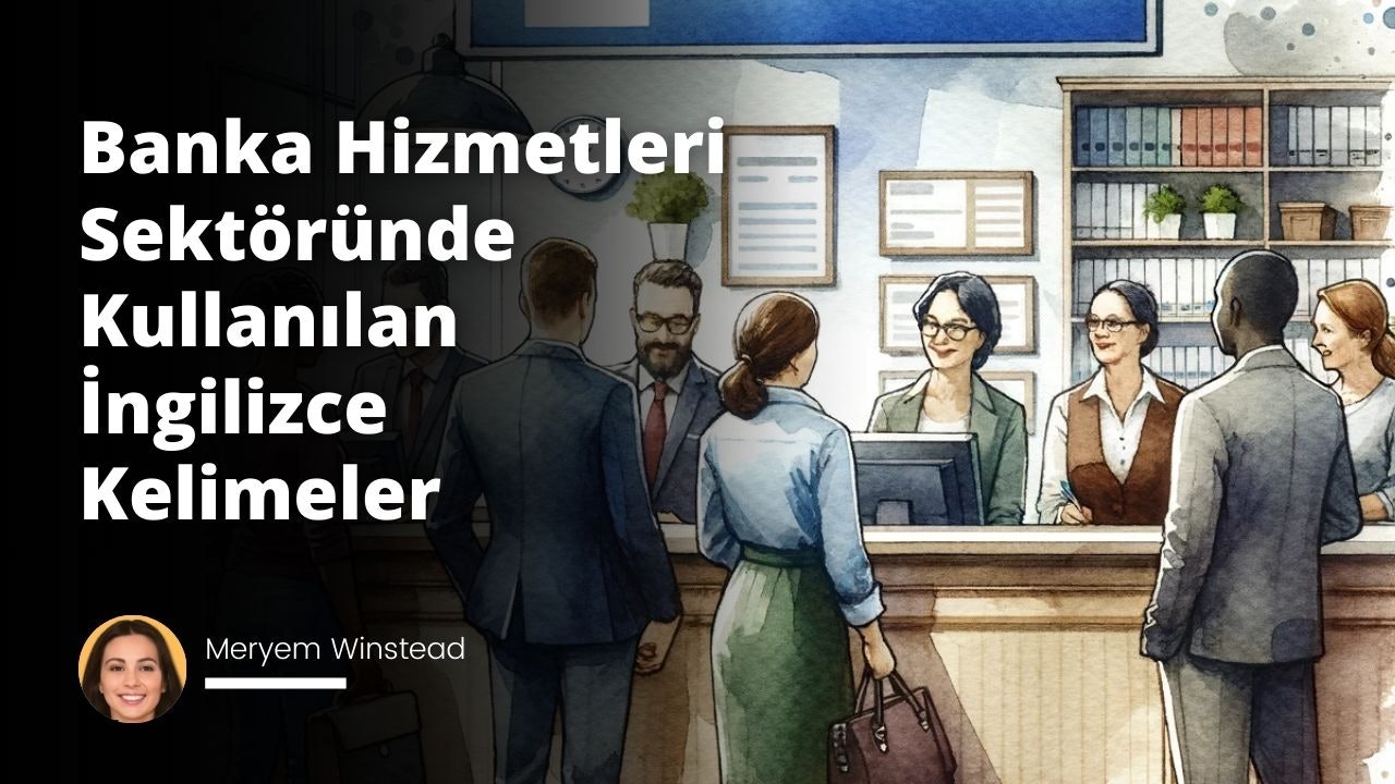 Gişede çeşitli müşteri gruplarına yardımcı olan bir banka memurunun suluboya resmi, görünür bir metin veya etiket yok.