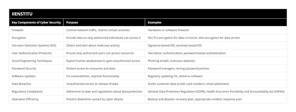 Firewalls, Control network traffic, restrict certain activities, Hardware or software firewalls, Encryption, Encode data so only authorized individuals can access it, SSL/TLS encryption for data in-transit, disk encryption for data at-rest, Intrusion Detection Systems (IDS), Detect and alert about malicious activity, Signature-based IDS, anomaly based IDS, User Authentication Protocols, Ensure only authorized users can access resources, Two-factor authentication, password-based authentication, Social Engineering Techniques, Exploit human weaknesses to gain unauthorized access, Phishing emails, malicious websites, Password Security, Protect access to resources and data, Password managers, strong password policies, Software Updates, Fix vulnerabilities, improve functionality, Regularly updating OS, antivirus software, Data Breaches, Unauthorized access or release of data, Stolen customer data (credit card numbers, email addresses), Regulatory Compliance, Adherence to laws and regulations about data protection, General Data Protection Regulation (GDPR), Health Insurance Portability and Accountability Act (HIPAA), Operation Efficiency, Prevent downtime caused by cyber attacks, Backup and disaster recovery plan, appropriate incident response plan