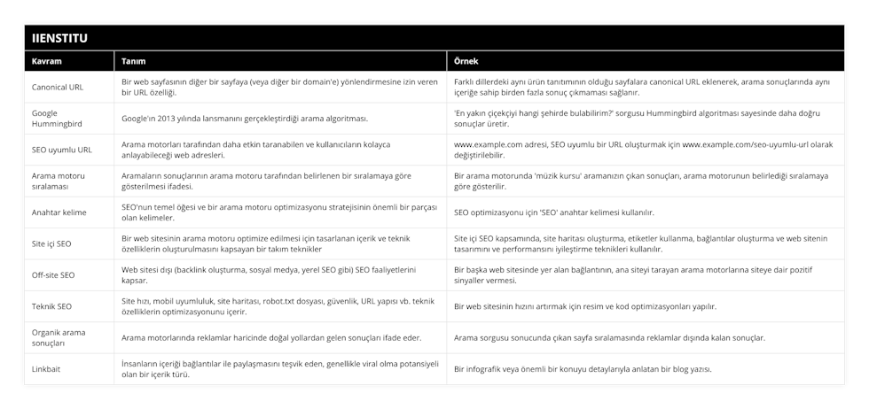 Canonical URL, Bir web sayfasının diğer bir sayfaya (veya diğer bir domain'e) yönlendirmesine izin veren bir URL özelliği, Farklı dillerdeki aynı ürün tanıtımının olduğu sayfalara canonical URL eklenerek, arama sonuçlarında aynı içeriğe sahip birden fazla sonuç çıkmaması sağlanır, Google Hummingbird, Google'ın 2013 yılında lansmanını gerçekleştirdiği arama algoritması, 'En yakın çiçekçiyi hangi şehirde bulabilirim?' sorgusu Hummingbird algoritması sayesinde daha doğru sonuçlar üretir, SEO uyumlu URL, Arama motorları tarafından daha etkin taranabilen ve kullanıcıların kolayca anlayabileceği web adresleri, wwwexamplecom adresi, SEO uyumlu bir URL oluşturmak için wwwexamplecom/seo-uyumlu-url olarak değiştirilebilir, Arama motoru sıralaması, Aramaların sonuçlarının arama motoru tarafından belirlenen bir sıralamaya göre gösterilmesi ifadesi, Bir arama motorunda 'müzik kursu' aramanızın çıkan sonuçları, arama motorunun belirlediği sıralamaya göre gösterilir, Anahtar kelime, SEO'nun temel öğesi ve bir arama motoru optimizasyonu stratejisinin önemli bir parçası olan kelimeler, SEO optimizasyonu için 'SEO' anahtar kelimesi kullanılır, Site içi SEO, Bir web sitesinin arama motoru optimize edilmesi için tasarlanan içerik ve teknik özelliklerin oluşturulmasını kapsayan bir takım teknikler, Site içi SEO kapsamında, site haritası oluşturma, etiketler kullanma, bağlantılar oluşturma ve web sitenin tasarımını ve performansını iyileştirme teknikleri kullanılır, Off-site SEO, Web sitesi dışı (backlink oluşturma, sosyal medya, yerel SEO gibi) SEO faaliyetlerini kapsar, Bir başka web sitesinde yer alan bağlantının, ana siteyi tarayan arama motorlarına siteye dair pozitif sinyaller vermesi, Teknik SEO, Site hızı, mobil uyumluluk, site haritası, robottxt dosyası, güvenlik, URL yapısı vb teknik özelliklerin optimizasyonunu içerir, Bir web sitesinin hızını artırmak için resim ve kod optimizasyonları yapılır, Organik arama sonuçları, Arama motorlarında reklamlar haricinde doğal yollardan gelen sonuçları ifade eder, Arama sorgusu sonucunda çıkan sayfa sıralamasında reklamlar dışında kalan sonuçlar, Linkbait, İnsanların içeriği bağlantılar ile paylaşmasını teşvik eden, genellikle viral olma potansiyeli olan bir içerik türü, Bir infografik veya önemli bir konuyu detaylarıyla anlatan bir blog yazısı