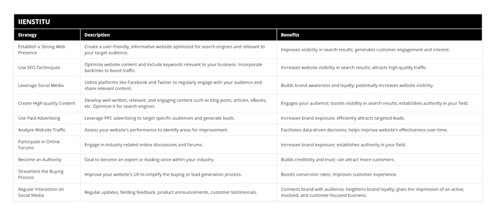 Establish a Strong Web Presence, Create a user-friendly, informative website optimized for search engines and relevant to your target audience, Improves visibility in search results; generates customer engagement and interest, Use SEO Techniques, Optimize website content and include keywords relevant to your business Incorporate backlinks to boost traffic, Increases website visibility in search results; attracts high-quality traffic, Leverage Social Media, Utilize platforms like Facebook and Twitter to regularly engage with your audience and share relevant content, Builds brand awareness and loyalty; potentially increases website visibility, Create High-quality Content, Develop well-written, relevant, and engaging content such as blog posts, articles, eBooks, etc Optimize it for search engines, Engages your audience; boosts visibility in search results; establishes authority in your field, Use Paid Advertising, Leverage PPC advertising to target specific audiences and generate leads, Increases brand exposure; efficiently attracts targeted leads, Analyze Website Traffic, Assess your website's performance to identify areas for improvement, Facilitates data-driven decisions; helps improve website's effectiveness over time, Participate in Online Forums, Engage in industry-related online discussions and forums, Increases brand exposure; establishes authority in your field, Become an Authority, Goal to become an expert or leading voice within your industry, Builds credibility and trust; can attract more customers, Streamline the Buying Process, Improve your website's UX to simplify the buying or lead generation process, Boosts conversion rates; improves customer experience, Regular Interaction on Social Media, Regular updates, fielding feedback, product announcements, customer testimonials, Connects brand with audience; heightens brand loyalty; gives the impression of an active, involved, and customer-focused business