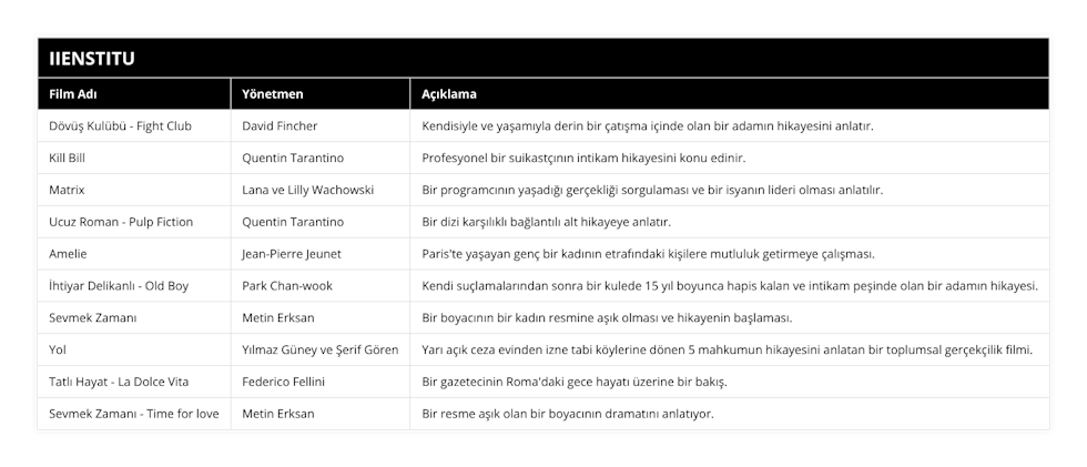 Dövüş Kulübü - Fight Club, David Fincher, Kendisiyle ve yaşamıyla derin bir çatışma içinde olan bir adamın hikayesini anlatır, Kill Bill, Quentin Tarantino, Profesyonel bir suikastçının intikam hikayesini konu edinir, Matrix, Lana ve Lilly Wachowski, Bir programcının yaşadığı gerçekliği sorgulaması ve bir isyanın lideri olması anlatılır, Ucuz Roman - Pulp Fiction, Quentin Tarantino, Bir dizi karşılıklı bağlantılı alt hikayeye anlatır, Amelie, Jean-Pierre Jeunet, Paris'te yaşayan genç bir kadının etrafındaki kişilere mutluluk getirmeye çalışması, İhtiyar Delikanlı - Old Boy, Park Chan-wook, Kendi suçlamalarından sonra bir kulede 15 yıl boyunca hapis kalan ve intikam peşinde olan bir adamın hikayesi, Sevmek Zamanı, Metin Erksan, Bir boyacının bir kadın resmine aşık olması ve hikayenin başlaması, Yol, Yılmaz Güney ve Şerif Gören, Yarı açık ceza evinden izne tabi köylerine dönen 5 mahkumun hikayesini anlatan bir toplumsal gerçekçilik filmi, Tatlı Hayat - La Dolce Vita, Federico Fellini, Bir gazetecinin Roma'daki gece hayatı üzerine bir bakış, Sevmek Zamanı - Time for love, Metin Erksan, Bir resme aşık olan bir boyacının dramatını anlatıyor