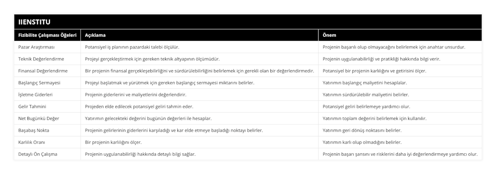 Pazar Araştırması, Potansiyel iş planının pazardaki talebi ölçülür, Projenin başarılı olup olmayacağını belirlemek için anahtar unsurdur, Teknik Değerlendirme, Projeyi gerçekleştirmek için gereken teknik altyapının ölçümüdür, Projenin uygulanabilirliği ve pratikliği hakkında bilgi verir, Finansal Değerlendirme, Bir projenin finansal gerçekleşebilirliğini ve sürdürülebilirliğini belirlemek için gerekli olan bir değerlendirmedir, Potansiyel bir projenin karlılığını ve getirisini ölçer, Başlangıç Sermayesi, Projeyi başlatmak ve yürütmek için gereken başlangıç sermayesi miktarını belirler, Yatırımın başlangıç maliyetini hesaplalar, İşletme Giderleri, Projenin giderlerini ve maliyetlerini değerlendirir, Yatırımın sürdürülebilir maliyetini belirler, Gelir Tahmini, Projeden elde edilecek potansiyel geliri tahmin eder, Potansiyel geliri belirlemeye yardımcı olur, Net Bugünkü Değer, Yatırımın gelecekteki değerini bugünün değerleri ile hesaplar, Yatırımın toplam değerini belirlemek için kullanılır, Başabaş Nokta, Projenin gelirlerinin giderlerini karşıladığı ve kar elde etmeye başladığı noktayı belirler, Yatırımın geri dönüş noktasını belirler, Karlılık Oranı, Bir projenin karlılığını ölçer, Yatırımın karlı olup olmadığını belirler, Detaylı Ön Çalışma, Projenin uygulanabilirliği hakkında detaylı bilgi sağlar, Projenin başarı şansını ve risklerini daha iyi değerlendirmeye yardımcı olur