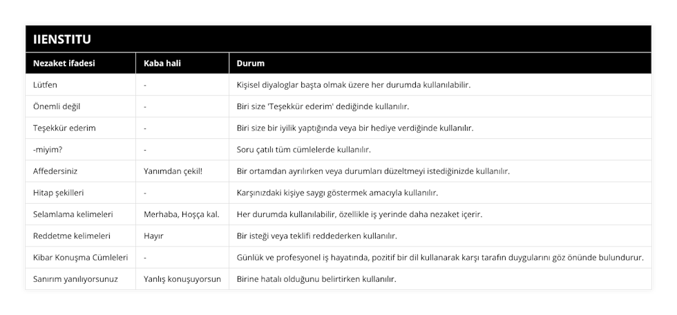 Lütfen, -, Kişisel diyaloglar başta olmak üzere her durumda kullanılabilir, Önemli değil, -, Biri size 'Teşekkür ederim' dediğinde kullanılır, Teşekkür ederim, -, Biri size bir iyilik yaptığında veya bir hediye verdiğinde kullanılır, -miyim?, -, Soru çatılı tüm cümlelerde kullanılır, Affedersiniz, Yanımdan çekil!, Bir ortamdan ayrılırken veya durumları düzeltmeyi istediğinizde kullanılır, Hitap şekilleri, -, Karşınızdaki kişiye saygı göstermek amacıyla kullanılır, Selamlama kelimeleri, Merhaba, Hoşça kal, Her durumda kullanılabilir, özellikle iş yerinde daha nezaket içerir, Reddetme kelimeleri, Hayır, Bir isteği veya teklifi reddederken kullanılır, Kibar Konuşma Cümleleri, -, Günlük ve profesyonel iş hayatında, pozitif bir dil kullanarak karşı tarafın duygularını göz önünde bulundurur, Sanırım yanılıyorsunuz, Yanlış konuşuyorsun, Birine hatalı olduğunu belirtirken kullanılır