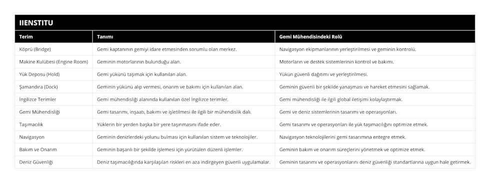 Köprü (Bridge), Gemi kaptanının gemiyi idare etmesinden sorumlu olan merkez, Navigasyon ekipmanlarının yerleştirilmesi ve geminin kontrolü, Makine Kulübesi (Engine Room), Geminin motorlarının bulunduğu alan, Motorların ve destek sistemlerinin kontrol ve bakımı, Yük Deposu (Hold), Gemi yükünü taşımak için kullanılan alan, Yükün güvenli dağıtımı ve yerleştirilmesi, Şamandıra (Dock), Geminin yükünü alıp vermesi, onarım ve bakımı için kullanılan alan, Geminin güvenli bir şekilde yanaşması ve hareket etmesini sağlamak, İngilizce Terimler, Gemi mühendisliği alanında kullanılan özel İngilizce terimler, Gemi mühendisliği ile ilgili global iletişimi kolaylaştırmak, Gemi Mühendisliği, Gemi tasarımı, inşaatı, bakımı ve işletilmesi ile ilgili bir mühendislik dalı, Gemi ve deniz sistemlerinin tasarımı ve operasyonları, Taşımacılık, Yüklerin bir yerden başka bir yere taşınmasını ifade eder, Gemi tasarımı ve operasyonları ile yük taşımacılığını optimize etmek, Navigasyon, Geminin denizlerdeki yolunu bulması için kullanılan sistem ve teknolojiler, Navigasyon teknolojilerini gemi tasarımına entegre etmek, Bakım ve Onarım, Geminin başarılı bir şekilde işlemesi için yürütülen düzenli işlemler, Geminin bakım ve onarım süreçlerini yönetmek ve optimize etmek, Deniz Güvenliği, Deniz taşımacılığında karşılaşılan riskleri en aza indirgeyen güvenli uygulamalar, Geminin tasarımı ve operasyonlarını deniz güvenliği standartlarına uygun hale getirmek