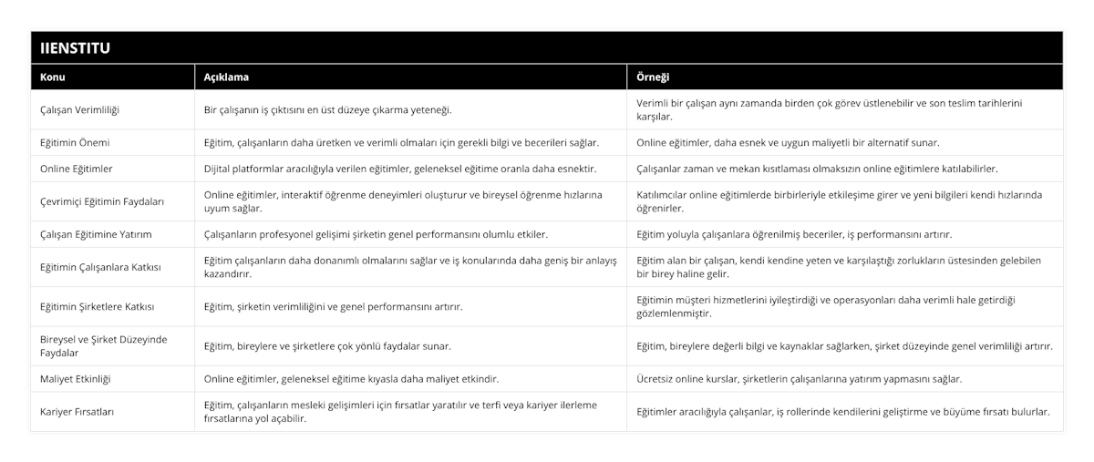 Çalışan Verimliliği, Bir çalışanın iş çıktısını en üst düzeye çıkarma yeteneği, Verimli bir çalışan aynı zamanda birden çok görev üstlenebilir ve son teslim tarihlerini karşılar, Eğitimin Önemi, Eğitim, çalışanların daha üretken ve verimli olmaları için gerekli bilgi ve becerileri sağlar, Online eğitimler, daha esnek ve uygun maliyetli bir alternatif sunar, Online Eğitimler, Dijital platformlar aracılığıyla verilen eğitimler, geleneksel eğitime oranla daha esnektir, Çalışanlar zaman ve mekan kısıtlaması olmaksızın online eğitimlere katılabilirler, Çevrimiçi Eğitimin Faydaları, Online eğitimler, interaktif öğrenme deneyimleri oluşturur ve bireysel öğrenme hızlarına uyum sağlar, Katılımcılar online eğitimlerde birbirleriyle etkileşime girer ve yeni bilgileri kendi hızlarında öğrenirler, Çalışan Eğitimine Yatırım, Çalışanların profesyonel gelişimi şirketin genel performansını olumlu etkiler, Eğitim yoluyla çalışanlara öğrenilmiş beceriler, iş performansını artırır, Eğitimin Çalışanlara Katkısı, Eğitim çalışanların daha donanımlı olmalarını sağlar ve iş konularında daha geniş bir anlayış kazandırır, Eğitim alan bir çalışan, kendi kendine yeten ve karşılaştığı zorlukların üstesinden gelebilen bir birey haline gelir, Eğitimin Şirketlere Katkısı, Eğitim, şirketin verimliliğini ve genel performansını artırır, Eğitimin müşteri hizmetlerini iyileştirdiği ve operasyonları daha verimli hale getirdiği gözlemlenmiştir, Bireysel ve Şirket Düzeyinde Faydalar, Eğitim, bireylere ve şirketlere çok yönlü faydalar sunar, Eğitim, bireylere değerli bilgi ve kaynaklar sağlarken, şirket düzeyinde genel verimliliği artırır, Maliyet Etkinliği, Online eğitimler, geleneksel eğitime kıyasla daha maliyet etkindir, Ücretsiz online kurslar, şirketlerin çalışanlarına yatırım yapmasını sağlar, Kariyer Fırsatları, Eğitim, çalışanların mesleki gelişimleri için fırsatlar yaratılır ve terfi veya kariyer ilerleme fırsatlarına yol açabilir, Eğitimler aracılığıyla çalışanlar, iş rollerinde kendilerini geliştirme ve büyüme fırsatı bulurlar