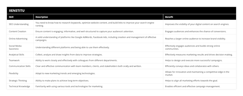 SEO Understanding, You need to know how to research keywords, optimize website content, and build links to improve your search engine ranking, Improves the visibility of your digital content on search engines, Content Creation, Ensure content is engaging, informative, and well-structured to capture your audience's attention, Engages audiences and enhances the chance of conversions, Online Advertising, A solid understanding of platforms like Google AdWords, Facebook Ads, including creation and management of effective campaigns, Reaches a larger online audience to increase brand visibility, Social Media Savviness, Understanding different platforms and being able to use them effectively, Effectively engages audiences and builds strong online communities, Analytical Skills, Collect, analyze and draw insights from data to improve strategies, Effectively measures marketing results and drives decision-making, Teamwork, Ability to work closely and effectively with colleagues from different departments, Helps to design and execute more successful campaigns, Communication Skills, Clear and effective communication with team members, clients, and stakeholders both orally and written, Efficiently conveys ideas and collaborates with others, Flexibility, Adapt to new marketing trends and emerging technologies, Allows for innovation and maintaining a competitive edge in the market, Strategic Thinking, Ability to make plans to achieve long-term objectives, Helps to align all marketing efforts towards the goal, Technical Knowledge, Familiarity with using various tools and technologies for marketing, Enables efficient and effective campaign management