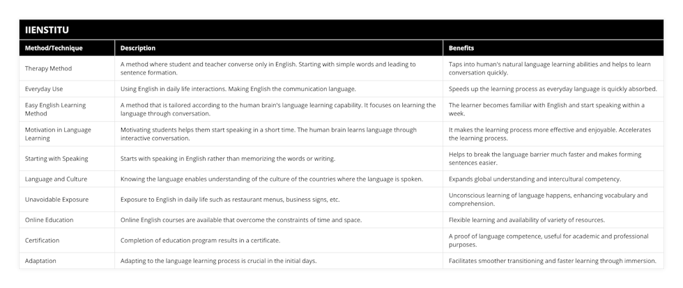 Therapy Method, A method where student and teacher converse only in English Starting with simple words and leading to sentence formation, Taps into human's natural language learning abilities and helps to learn conversation quickly, Everyday Use, Using English in daily life interactions Making English the communication language, Speeds up the learning process as everyday language is quickly absorbed, Easy English Learning Method, A method that is tailored according to the human brain's language learning capability It focuses on learning the language through conversation, The learner becomes familiar with English and start speaking within a week, Motivation in Language Learning, Motivating students helps them start speaking in a short time The human brain learns language through interactive conversation, It makes the learning process more effective and enjoyable Accelerates the learning process, Starting with Speaking, Starts with speaking in English rather than memorizing the words or writing, Helps to break the language barrier much faster and makes forming sentences easier, Language and Culture, Knowing the language enables understanding of the culture of the countries where the language is spoken, Expands global understanding and intercultural competency, Unavoidable Exposure, Exposure to English in daily life such as restaurant menus, business signs, etc, Unconscious learning of language happens, enhancing vocabulary and comprehension, Online Education, Online English courses are available that overcome the constraints of time and space, Flexible learning and availability of variety of resources, Certification, Completion of education program results in a certificate, A proof of language competence, useful for academic and professional purposes, Adaptation, Adapting to the language learning process is crucial in the initial days, Facilitates smoother transitioning and faster learning through immersion