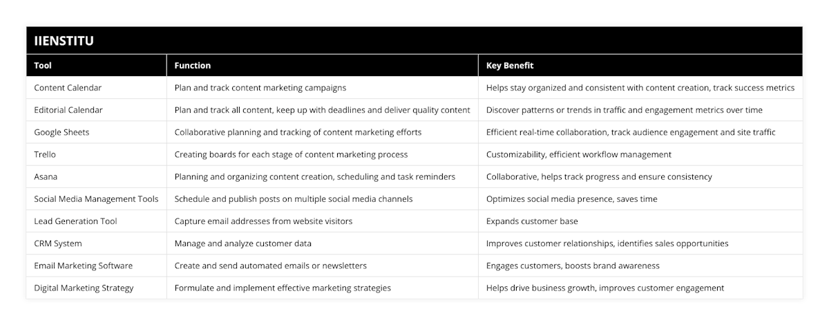 Content Calendar, Plan and track content marketing campaigns, Helps stay organized and consistent with content creation, track success metrics, Editorial Calendar, Plan and track all content, keep up with deadlines and deliver quality content, Discover patterns or trends in traffic and engagement metrics over time, Google Sheets, Collaborative planning and tracking of content marketing efforts, Efficient real-time collaboration, track audience engagement and site traffic, Trello, Creating boards for each stage of content marketing process, Customizability, efficient workflow management, Asana, Planning and organizing content creation, scheduling and task reminders, Collaborative, helps track progress and ensure consistency, Social Media Management Tools, Schedule and publish posts on multiple social media channels, Optimizes social media presence, saves time, Lead Generation Tool, Capture email addresses from website visitors, Expands customer base, CRM System, Manage and analyze customer data, Improves customer relationships, identifies sales opportunities, Email Marketing Software, Create and send automated emails or newsletters, Engages customers, boosts brand awareness, Digital Marketing Strategy, Formulate and implement effective marketing strategies, Helps drive business growth, improves customer engagement