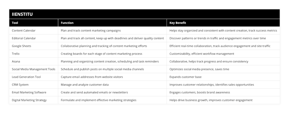 Content Calendar, Plan and track content marketing campaigns, Helps stay organized and consistent with content creation, track success metrics, Editorial Calendar, Plan and track all content, keep up with deadlines and deliver quality content, Discover patterns or trends in traffic and engagement metrics over time, Google Sheets, Collaborative planning and tracking of content marketing efforts, Efficient real-time collaboration, track audience engagement and site traffic, Trello, Creating boards for each stage of content marketing process, Customizability, efficient workflow management, Asana, Planning and organizing content creation, scheduling and task reminders, Collaborative, helps track progress and ensure consistency, Social Media Management Tools, Schedule and publish posts on multiple social media channels, Optimizes social media presence, saves time, Lead Generation Tool, Capture email addresses from website visitors, Expands customer base, CRM System, Manage and analyze customer data, Improves customer relationships, identifies sales opportunities, Email Marketing Software, Create and send automated emails or newsletters, Engages customers, boosts brand awareness, Digital Marketing Strategy, Formulate and implement effective marketing strategies, Helps drive business growth, improves customer engagement