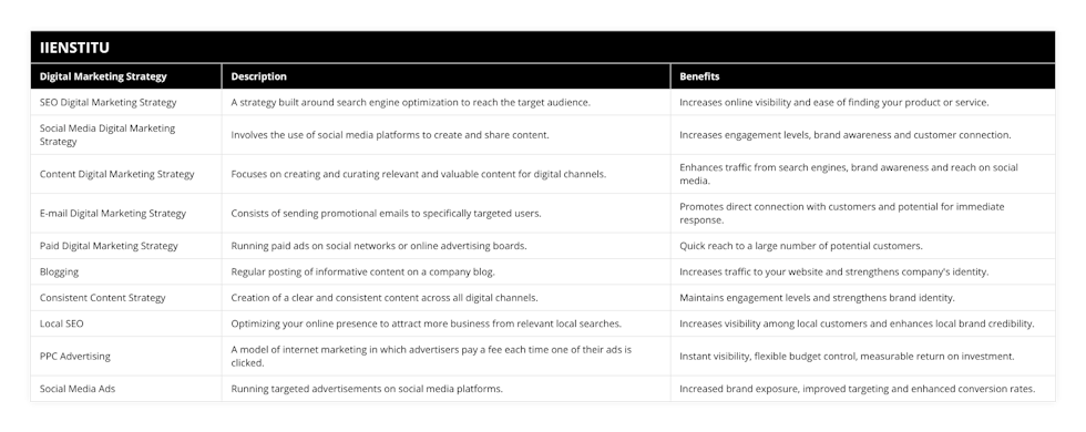 SEO Digital Marketing Strategy, A strategy built around search engine optimization to reach the target audience, Increases online visibility and ease of finding your product or service, Social Media Digital Marketing Strategy, Involves the use of social media platforms to create and share content, Increases engagement levels, brand awareness and customer connection, Content Digital Marketing Strategy, Focuses on creating and curating relevant and valuable content for digital channels, Enhances traffic from search engines, brand awareness and reach on social media, E-mail Digital Marketing Strategy, Consists of sending promotional emails to specifically targeted users, Promotes direct connection with customers and potential for immediate response, Paid Digital Marketing Strategy, Running paid ads on social networks or online advertising boards, Quick reach to a large number of potential customers, Blogging, Regular posting of informative content on a company blog, Increases traffic to your website and strengthens company's identity, Consistent Content Strategy, Creation of a clear and consistent content across all digital channels, Maintains engagement levels and strengthens brand identity, Local SEO, Optimizing your online presence to attract more business from relevant local searches, Increases visibility among local customers and enhances local brand credibility, PPC Advertising, A model of internet marketing in which advertisers pay a fee each time one of their ads is clicked, Instant visibility, flexible budget control, measurable return on investment, Social Media Ads, Running targeted advertisements on social media platforms, Increased brand exposure, improved targeting and enhanced conversion rates