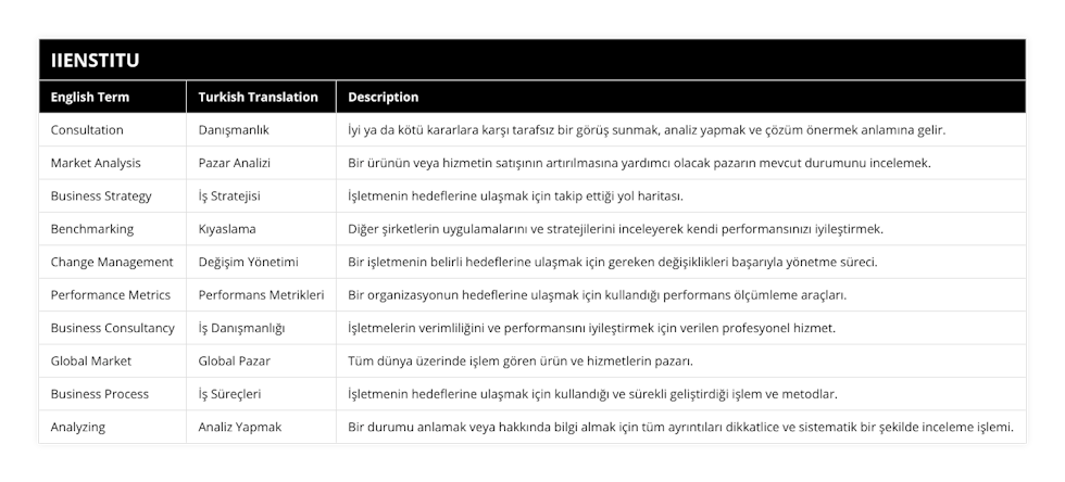 Consultation, Danışmanlık, İyi ya da kötü kararlara karşı tarafsız bir görüş sunmak, analiz yapmak ve çözüm önermek anlamına gelir, Market Analysis, Pazar Analizi, Bir ürünün veya hizmetin satışının artırılmasına yardımcı olacak pazarın mevcut durumunu incelemek, Business Strategy, İş Stratejisi, İşletmenin hedeflerine ulaşmak için takip ettiği yol haritası, Benchmarking, Kıyaslama, Diğer şirketlerin uygulamalarını ve stratejilerini inceleyerek kendi performansınızı iyileştirmek, Change Management, Değişim Yönetimi, Bir işletmenin belirli hedeflerine ulaşmak için gereken değişiklikleri başarıyla yönetme süreci, Performance Metrics, Performans Metrikleri, Bir organizasyonun hedeflerine ulaşmak için kullandığı performans ölçümleme araçları, Business Consultancy, İş Danışmanlığı, İşletmelerin verimliliğini ve performansını iyileştirmek için verilen profesyonel hizmet, Global Market, Global Pazar, Tüm dünya üzerinde işlem gören ürün ve hizmetlerin pazarı, Business Process, İş Süreçleri, İşletmenin hedeflerine ulaşmak için kullandığı ve sürekli geliştirdiği işlem ve metodlar, Analyzing, Analiz Yapmak, Bir durumu anlamak veya hakkında bilgi almak için tüm ayrıntıları dikkatlice ve sistematik bir şekilde inceleme işlemi