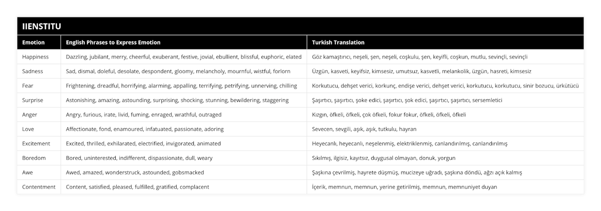 Happiness, Dazzling, jubilant, merry, cheerful, exuberant, festive, jovial, ebullient, blissful, euphoric, elated, Göz kamaştırıcı, neşeli, şen, neşeli, coşkulu, şen, keyifli, coşkun, mutlu, sevinçli, sevinçli, Sadness, Sad, dismal, doleful, desolate, despondent, gloomy, melancholy, mournful, wistful, forlorn, Üzgün, kasveti, keyifsiz, kimsesiz, umutsuz, kasvetli, melankolik, üzgün, hasreti, kimsesiz, Fear, Frightening, dreadful, horrifying, alarming, appalling, terrifying, petrifying, unnerving, chilling, Korkutucu, dehşet verici, korkunç, endişe verici, dehşet verici, korkutucu, korkutucu, sinir bozucu, ürkütücü, Surprise, Astonishing, amazing, astounding, surprising, shocking, stunning, bewildering, staggering, Şaşırtıcı, şaşırtıcı, şoke edici, şaşırtıcı, şok edici, şaşırtıcı, şaşırtıcı, sersemletici, Anger, Angry, furious, irate, livid, fuming, enraged, wrathful, outraged, Kızgın, öfkeli, öfkeli, çok öfkeli, fokur fokur, öfkeli, öfkeli, öfkeli, Love, Affectionate, fond, enamoured, infatuated, passionate, adoring, Sevecen, sevgili, aşık, aşık, tutkulu, hayran, Excitement, Excited, thrilled, exhilarated, electrified, invigorated, animated, Heyecanlı, heyecanlı, neşelenmiş, elektriklenmiş, canlandırılmış, canlandırılmış, Boredom, Bored, uninterested, indifferent, dispassionate, dull, weary, Sıkılmış, ilgisiz, kayıtsız, duygusal olmayan, donuk, yorgun, Awe, Awed, amazed, wonderstruck, astounded, gobsmacked, Şaşkına çevrilmiş, hayrete düşmüş, mucizeye uğradı, şaşkına döndü, ağzı açık kalmış, Contentment, Content, satisfied, pleased, fulfilled, gratified, complacent, İçerik, memnun, memnun, yerine getirilmiş, memnun, memnuniyet duyan