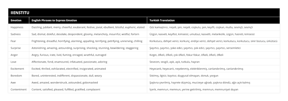 Happiness, Dazzling, jubilant, merry, cheerful, exuberant, festive, jovial, ebullient, blissful, euphoric, elated, Göz kamaştırıcı, neşeli, şen, neşeli, coşkulu, şen, keyifli, coşkun, mutlu, sevinçli, sevinçli, Sadness, Sad, dismal, doleful, desolate, despondent, gloomy, melancholy, mournful, wistful, forlorn, Üzgün, kasveti, keyifsiz, kimsesiz, umutsuz, kasvetli, melankolik, üzgün, hasreti, kimsesiz, Fear, Frightening, dreadful, horrifying, alarming, appalling, terrifying, petrifying, unnerving, chilling, Korkutucu, dehşet verici, korkunç, endişe verici, dehşet verici, korkutucu, korkutucu, sinir bozucu, ürkütücü, Surprise, Astonishing, amazing, astounding, surprising, shocking, stunning, bewildering, staggering, Şaşırtıcı, şaşırtıcı, şoke edici, şaşırtıcı, şok edici, şaşırtıcı, şaşırtıcı, sersemletici, Anger, Angry, furious, irate, livid, fuming, enraged, wrathful, outraged, Kızgın, öfkeli, öfkeli, çok öfkeli, fokur fokur, öfkeli, öfkeli, öfkeli, Love, Affectionate, fond, enamoured, infatuated, passionate, adoring, Sevecen, sevgili, aşık, aşık, tutkulu, hayran, Excitement, Excited, thrilled, exhilarated, electrified, invigorated, animated, Heyecanlı, heyecanlı, neşelenmiş, elektriklenmiş, canlandırılmış, canlandırılmış, Boredom, Bored, uninterested, indifferent, dispassionate, dull, weary, Sıkılmış, ilgisiz, kayıtsız, duygusal olmayan, donuk, yorgun, Awe, Awed, amazed, wonderstruck, astounded, gobsmacked, Şaşkına çevrilmiş, hayrete düşmüş, mucizeye uğradı, şaşkına döndü, ağzı açık kalmış, Contentment, Content, satisfied, pleased, fulfilled, gratified, complacent, İçerik, memnun, memnun, yerine getirilmiş, memnun, memnuniyet duyan