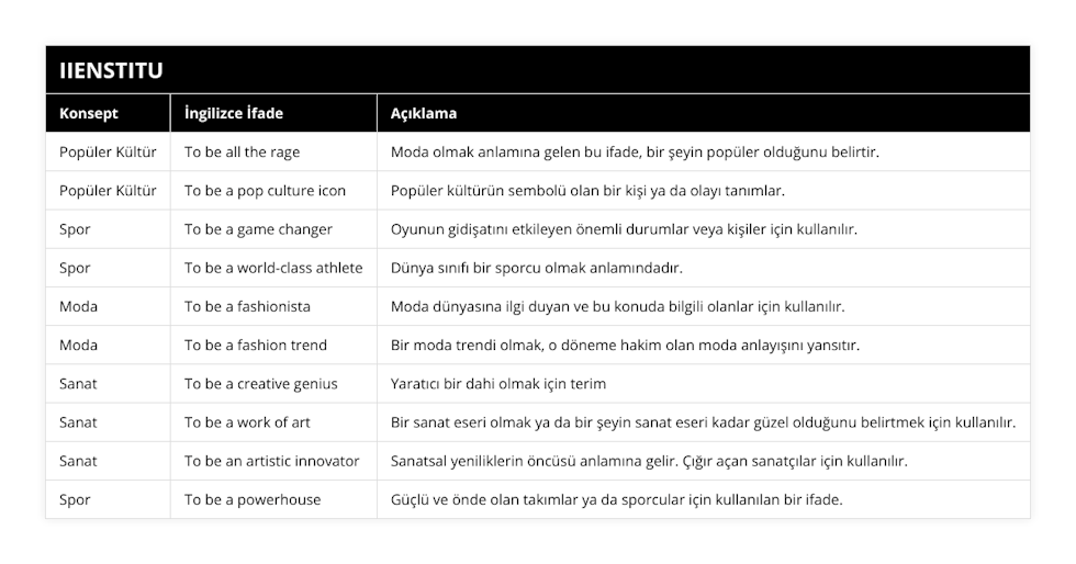 Popüler Kültür, To be all the rage, Moda olmak anlamına gelen bu ifade, bir şeyin popüler olduğunu belirtir, Popüler Kültür, To be a pop culture icon, Popüler kültürün sembolü olan bir kişi ya da olayı tanımlar, Spor, To be a game changer, Oyunun gidişatını etkileyen önemli durumlar veya kişiler için kullanılır, Spor, To be a world-class athlete, Dünya sınıfı bir sporcu olmak anlamındadır, Moda, To be a fashionista, Moda dünyasına ilgi duyan ve bu konuda bilgili olanlar için kullanılır, Moda, To be a fashion trend, Bir moda trendi olmak, o döneme hakim olan moda anlayışını yansıtır, Sanat, To be a creative genius, Yaratıcı bir dahi olmak için terim, Sanat, To be a work of art, Bir sanat eseri olmak ya da bir şeyin sanat eseri kadar güzel olduğunu belirtmek için kullanılır, Sanat, To be an artistic innovator, Sanatsal yeniliklerin öncüsü anlamına gelir Çığır açan sanatçılar için kullanılır, Spor, To be a powerhouse, Güçlü ve önde olan takımlar ya da sporcular için kullanılan bir ifade