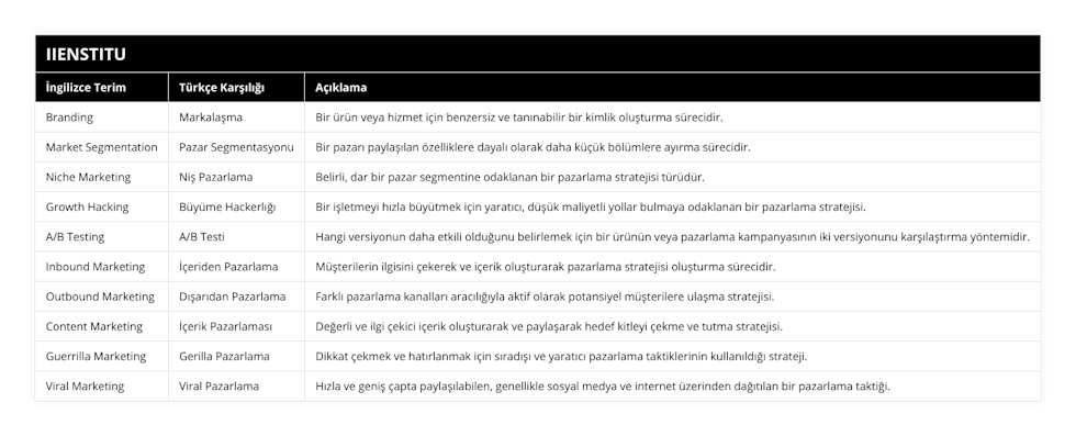 Branding, Markalaşma, Bir ürün veya hizmet için benzersiz ve tanınabilir bir kimlik oluşturma sürecidir, Market Segmentation, Pazar Segmentasyonu, Bir pazarı paylaşılan özelliklere dayalı olarak daha küçük bölümlere ayırma sürecidir, Niche Marketing, Niş Pazarlama, Belirli, dar bir pazar segmentine odaklanan bir pazarlama stratejisi türüdür, Growth Hacking, Büyüme Hackerlığı, Bir işletmeyi hızla büyütmek için yaratıcı, düşük maliyetli yollar bulmaya odaklanan bir pazarlama stratejisi, A/B Testing, A/B Testi, Hangi versiyonun daha etkili olduğunu belirlemek için bir ürünün veya pazarlama kampanyasının iki versiyonunu karşılaştırma yöntemidir, Inbound Marketing, İçeriden Pazarlama, Müşterilerin  ilgisini çekerek ve içerik oluşturarak pazarlama stratejisi oluşturma sürecidir, Outbound Marketing, Dışarıdan Pazarlama, Farklı pazarlama kanalları aracılığıyla aktif olarak potansiyel müşterilere ulaşma stratejisi, Content Marketing, İçerik Pazarlaması, Değerli ve ilgi çekici içerik oluşturarak ve paylaşarak hedef kitleyi çekme ve tutma stratejisi, Guerrilla Marketing, Gerilla Pazarlama, Dikkat çekmek ve hatırlanmak için sıradışı ve yaratıcı pazarlama taktiklerinin kullanıldığı strateji, Viral Marketing, Viral Pazarlama, Hızla ve geniş çapta paylaşılabilen, genellikle sosyal medya ve internet üzerinden dağıtılan bir pazarlama taktiği