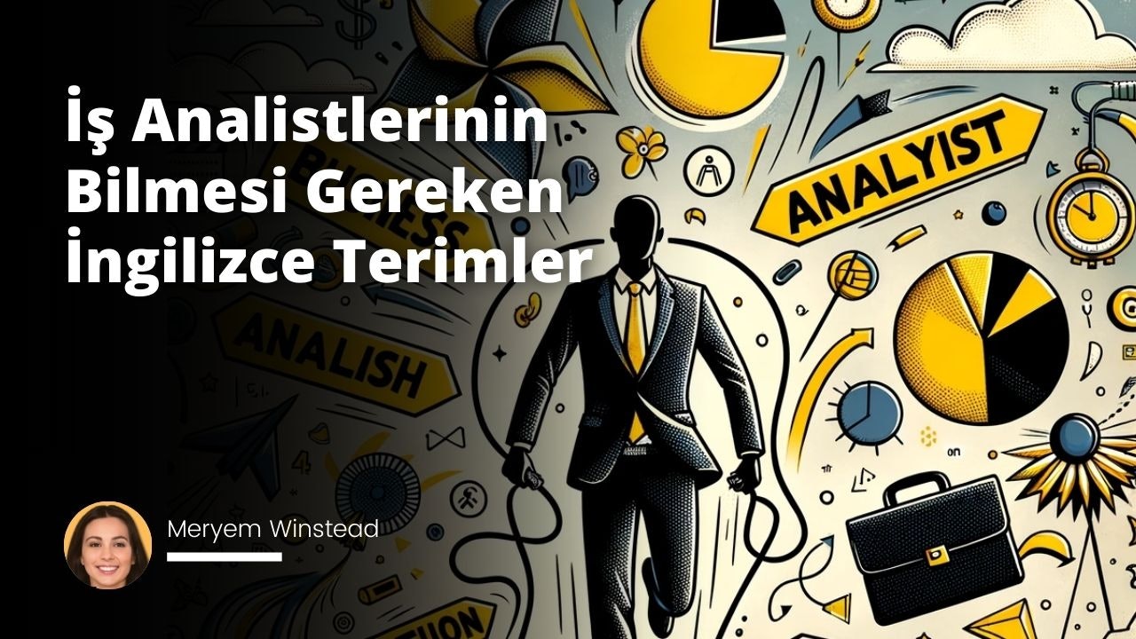 Sarı, siyah ve beyazın harmanlandığı çarpıcı bir görsel, iş analisti tuhaf bir ortamda, rolleri için hayati önem taşıyan İngilizce terimleri ifade eden eğlenceli simgelerle çevrili, atlama ipine dönüşmüş bir grafik, İngilizce çizgi roman tarzı aksiyon sözcükleri yayan evrak çantası, arka planda yel değirmeni görevi gören ilginç oklar ve pasta grafikler gibi mizahi unsurlar, iş analistliği mesleğinin yaratıcı ama ayrıntılı bir temsili Translated with www.DeepL.com/Translator (free version)
