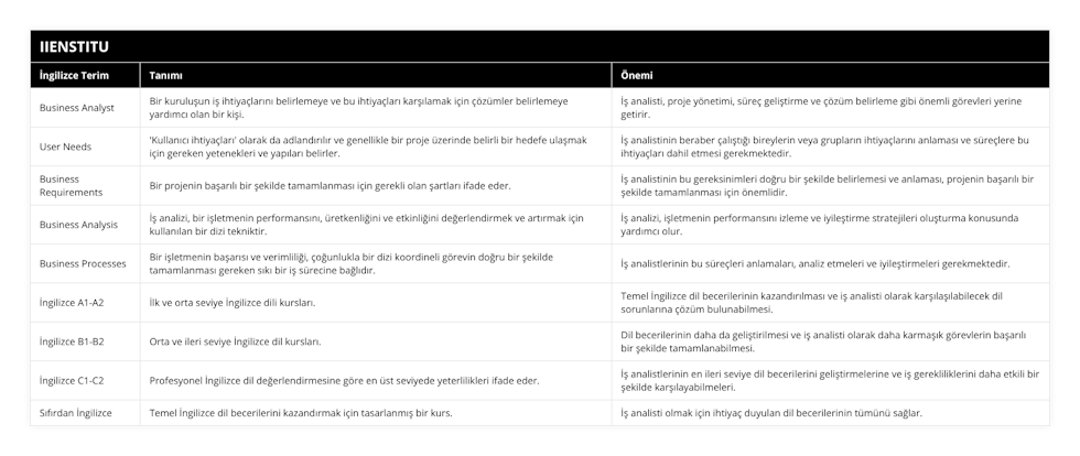Business Analyst, Bir kuruluşun iş ihtiyaçlarını belirlemeye ve bu ihtiyaçları karşılamak için çözümler belirlemeye yardımcı olan bir kişi, İş analisti, proje yönetimi, süreç geliştirme ve çözüm belirleme gibi önemli görevleri yerine getirir, User Needs, 'Kullanıcı ihtiyaçları' olarak da adlandırılır ve genellikle bir proje üzerinde belirli bir hedefe ulaşmak için gereken yetenekleri ve yapıları belirler, İş analistinin beraber çalıştığı bireylerin veya grupların ihtiyaçlarını anlaması ve süreçlere bu ihtiyaçları dahil etmesi gerekmektedir, Business Requirements, Bir projenin başarılı bir şekilde tamamlanması için gerekli olan şartları ifade eder, İş analistinin bu gereksinimleri doğru bir şekilde belirlemesi ve anlaması, projenin başarılı bir şekilde tamamlanması için önemlidir, Business Analysis, İş analizi, bir işletmenin performansını, üretkenliğini ve etkinliğini değerlendirmek ve artırmak için kullanılan bir dizi tekniktir, İş analizi, işletmenin performansını izleme ve iyileştirme stratejileri oluşturma konusunda yardımcı olur, Business Processes, Bir işletmenin başarısı ve verimliliği, çoğunlukla bir dizi koordineli görevin doğru bir şekilde tamamlanması gereken sıkı bir iş sürecine bağlıdır, İş analistlerinin bu süreçleri anlamaları, analiz etmeleri ve iyileştirmeleri gerekmektedir, İngilizce A1-A2, İlk ve orta seviye İngilizce dili kursları, Temel İngilizce dil becerilerinin kazandırılması ve iş analisti olarak karşılaşılabilecek dil sorunlarına çözüm bulunabilmesi, İngilizce B1-B2, Orta ve ileri seviye İngilizce dil kursları, Dil becerilerinin daha da geliştirilmesi ve iş analisti olarak daha karmaşık görevlerin başarılı bir şekilde tamamlanabilmesi, İngilizce C1-C2, Profesyonel İngilizce dil değerlendirmesine göre en üst seviyede yeterlilikleri ifade eder, İş analistlerinin en ileri seviye dil becerilerini geliştirmelerine ve iş gerekliliklerini daha etkili bir şekilde karşılayabilmeleri, Sıfırdan İngilizce, Temel İngilizce dil becerilerini kazandırmak için tasarlanmış bir kurs, İş analisti olmak için ihtiyaç duyulan dil becerilerinin tümünü sağlar